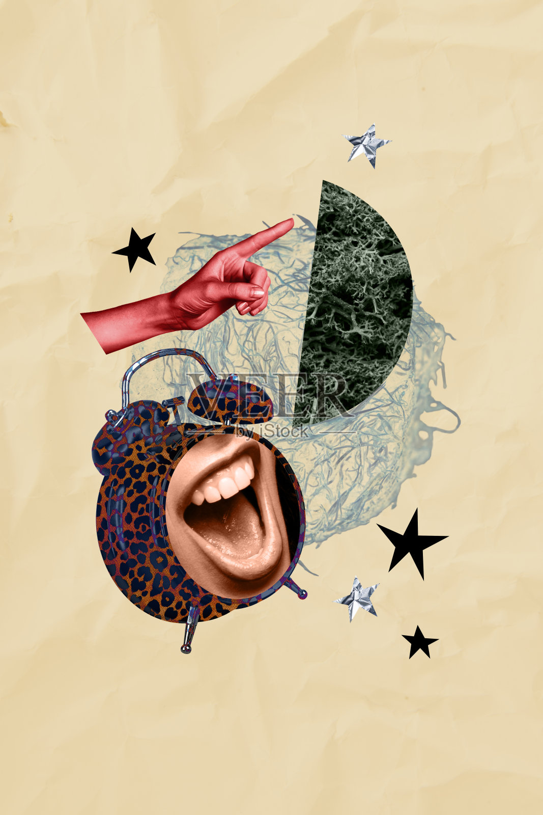 愤怒的人在创意绘画背景上大声喊叫，命令闹钟叫醒。照片摄影图片