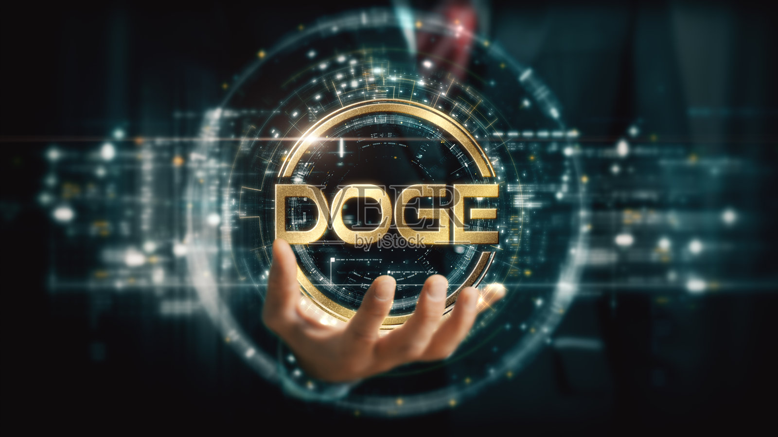 一位商人伸出手，展示出一个未来感十足的全息加密货币照片摄影图片