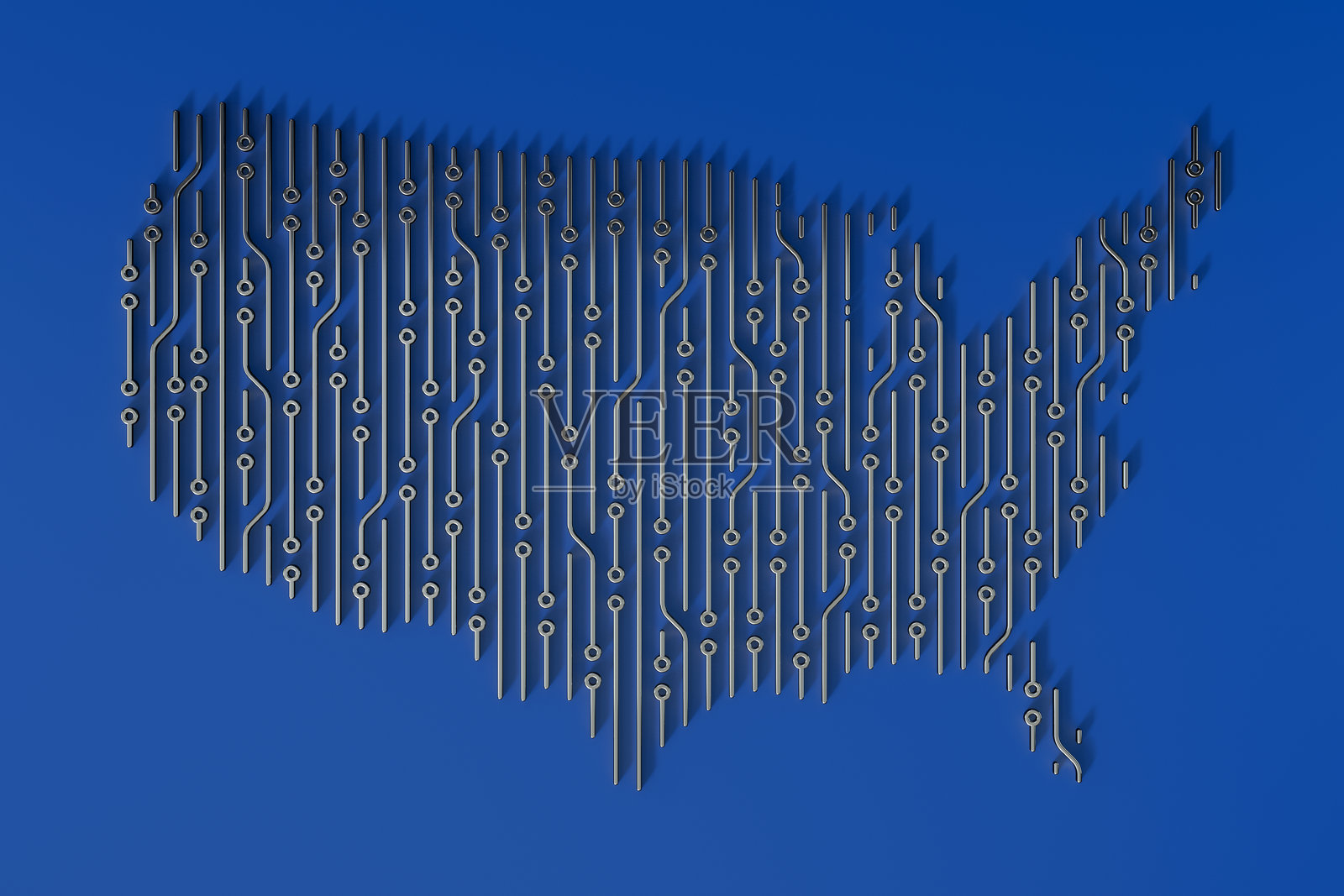 蓝色背景上的电子电路板形成的美国地图。照片摄影图片