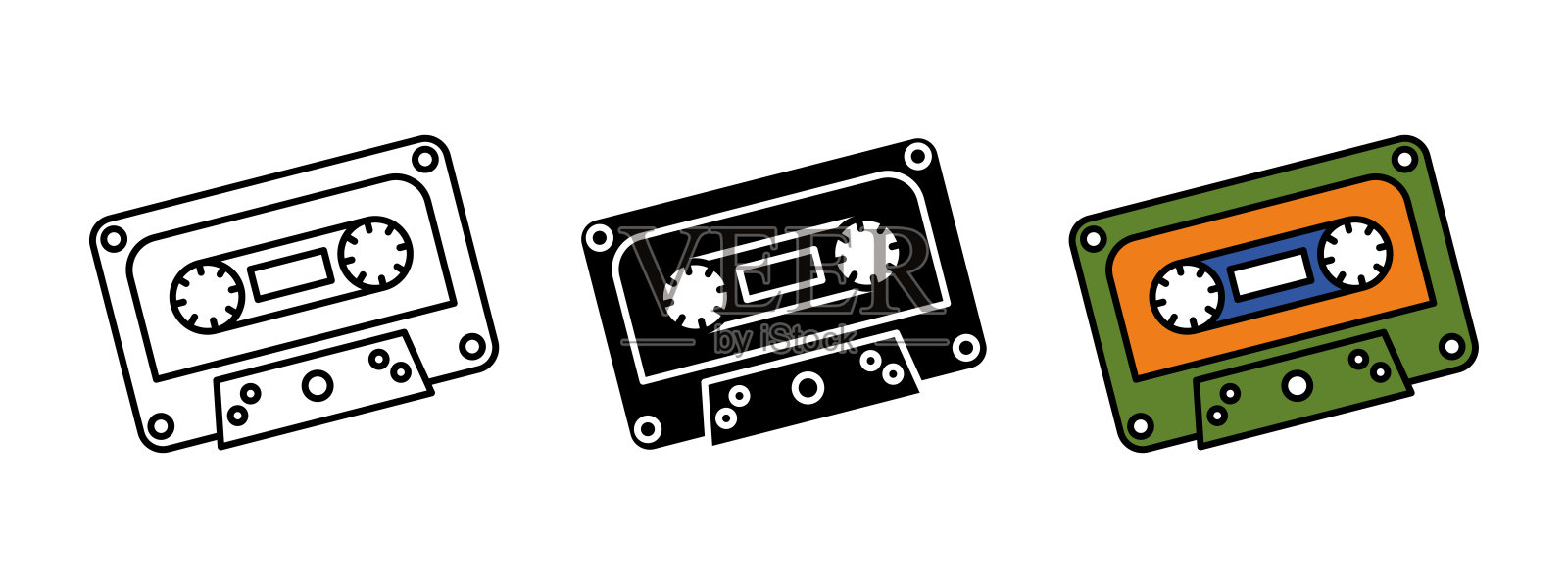 卡带图标。音频卡带记录矢量插图。复古录像带符号。模拟媒体磁带标志。80年代复古音频卡带音乐图标。彩色塑料音频记录概念。插画图片素材