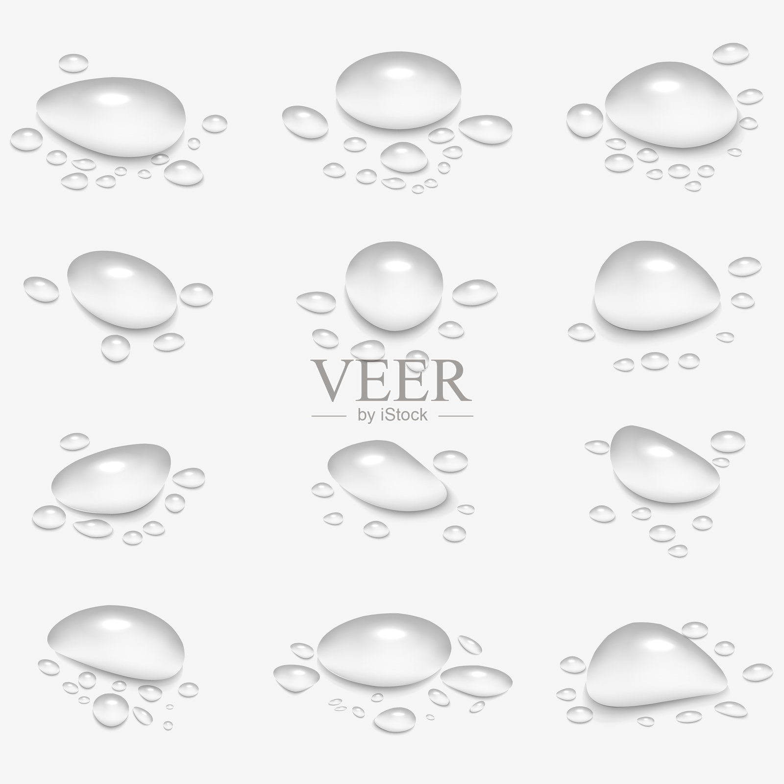 雨水滴落在玻璃上：逼真的3D矢量插图，展示光滑表面上的透明液体气泡。湿润的背景中散落着雨滴溅起的水花和喷雾效果。插画图片素材