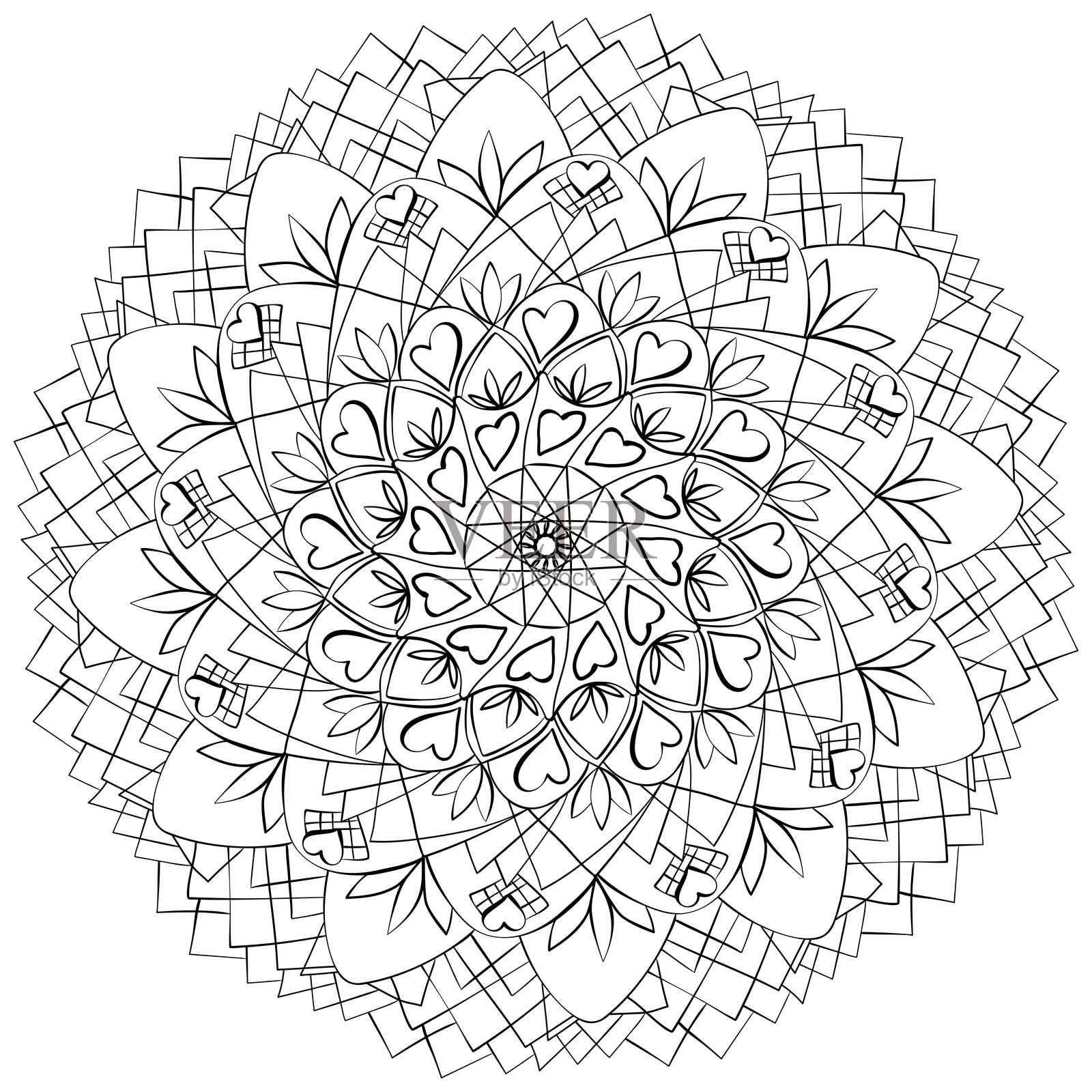 带有心形和叶子的涂鸦轮廓曼陀罗，适合儿童和成人的冥想涂色页，适合情人节使用插画图片素材