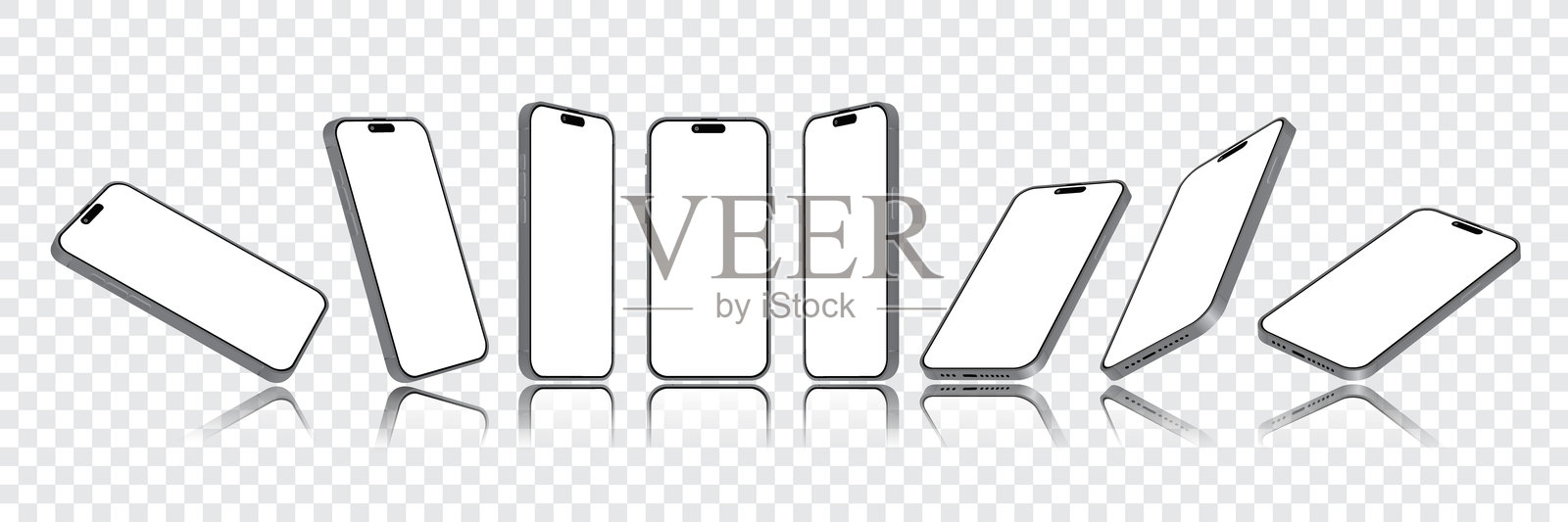 真实的智能手机模型：正面、侧面、顶部和透视视图的3D移动设备，带有空白屏幕，适用于UI和UX横幅及演示，背景为白色。插画图片素材