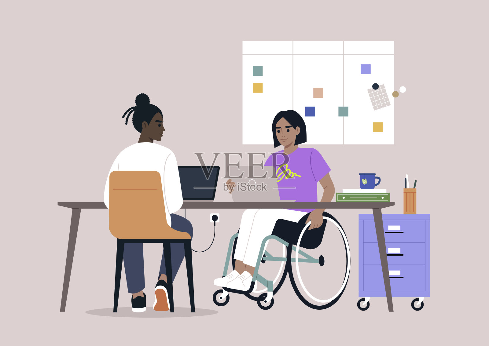 在一个设计良好的工作空间中，同事们互相帮助，一位坐在轮椅上的用户正在使用笔记本电脑，突显了专业环境中的团队合作和适应能力。插画图片素材