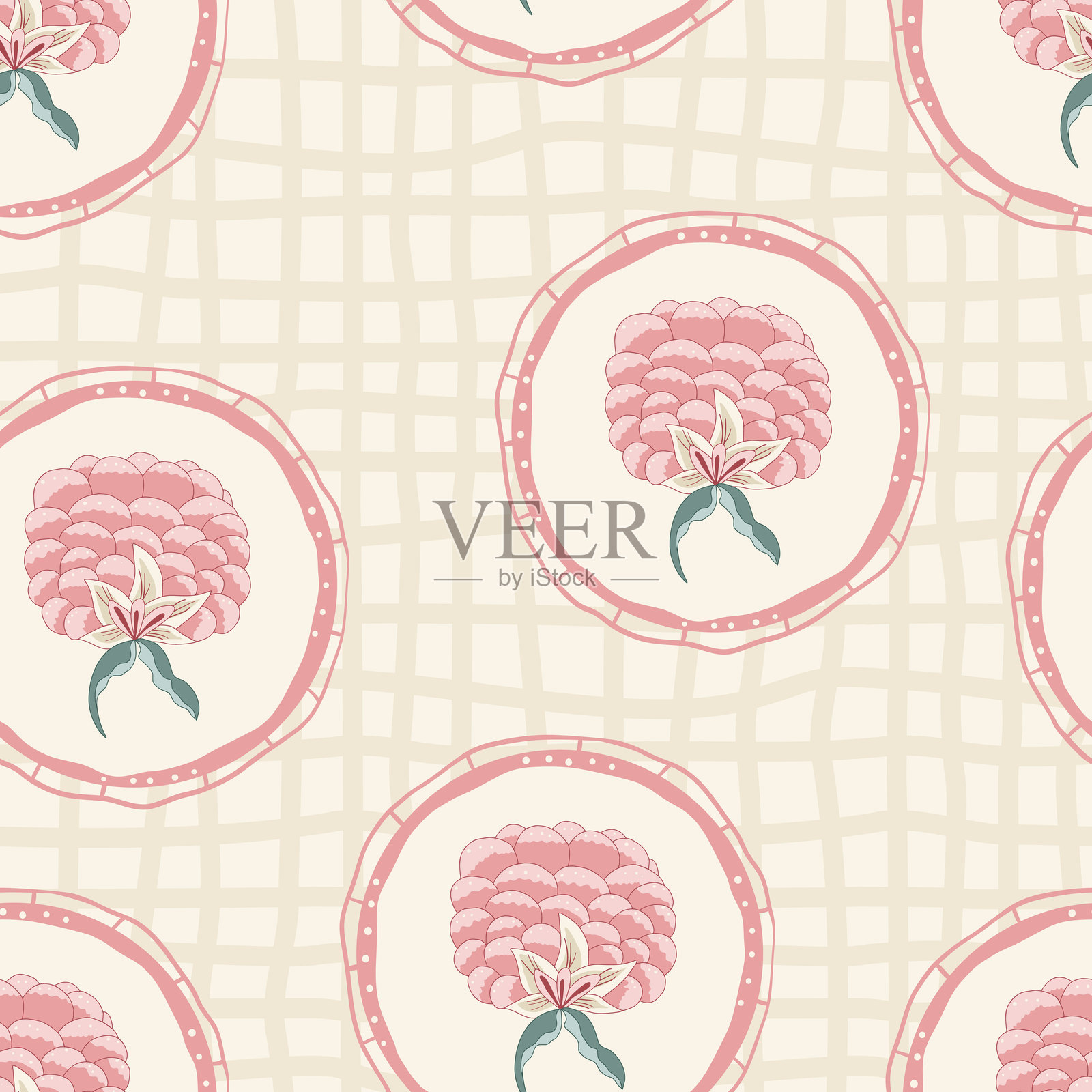 印度风格现代无缝图案。复古框架中的格子花卉无尽背景。花卉重复覆盖。农舍牡丹连续装饰。矢量手绘插图。插画图片素材