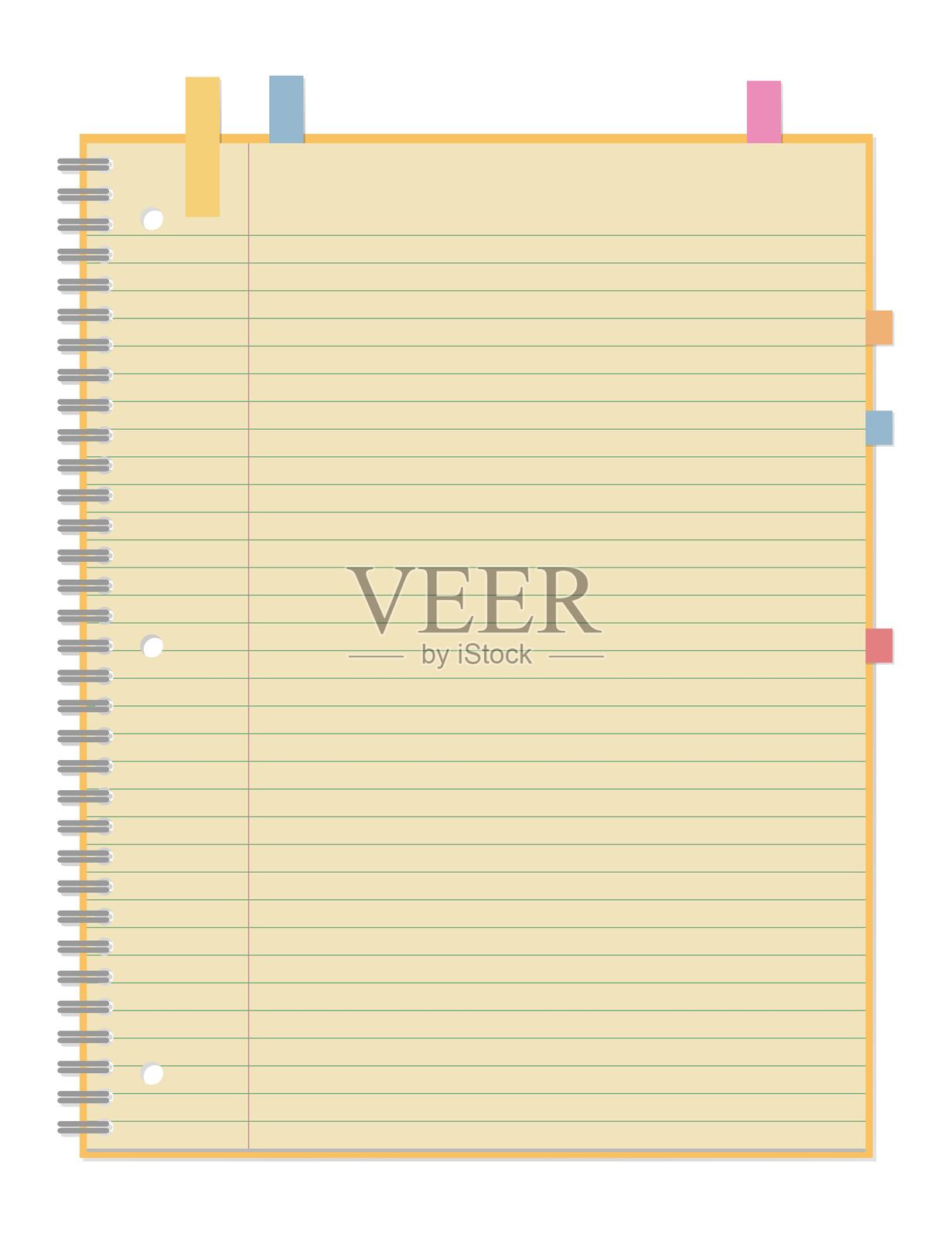 一套简单的有线笔记本和便签纸，螺旋笔记本，三孔打孔，环装笔记本插画图片素材