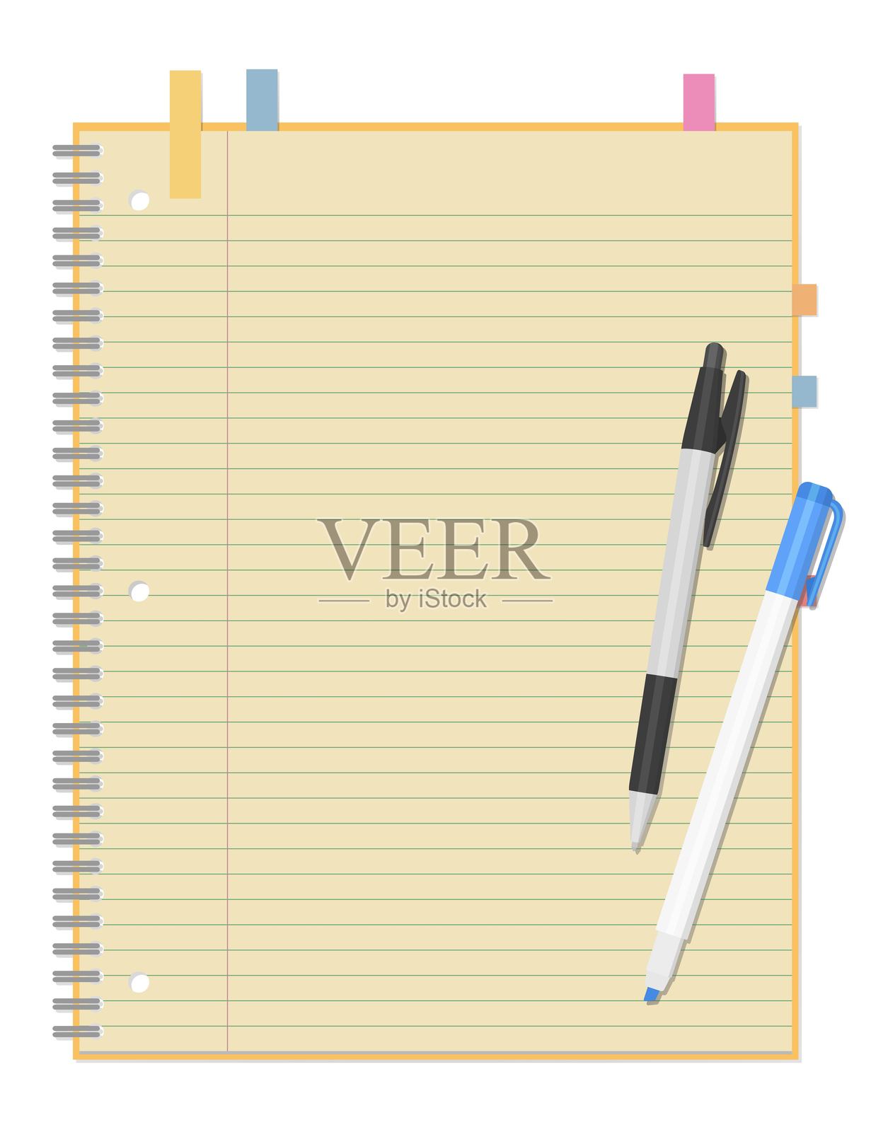 一套简单的横线笔记本、便签纸、圆珠笔和荧光笔，螺旋装订笔记本，三孔打孔，环装笔记本插画图片素材