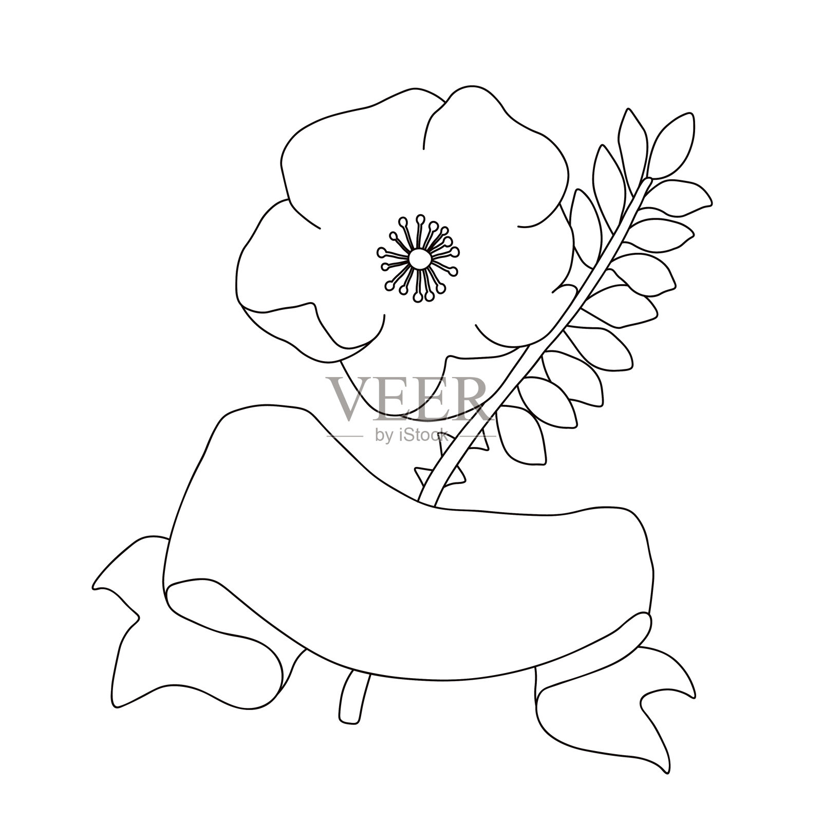 带叶子和丝带的玫瑰果轮廓插画图片素材