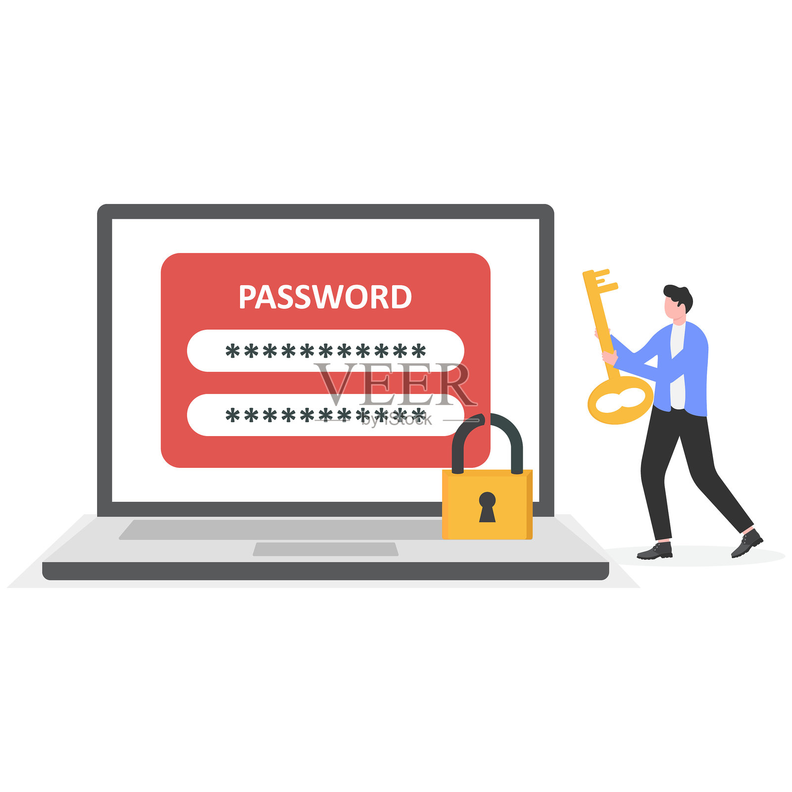 人们使用杀毒软件保护个人信息。一个小人手持钥匙锁住安全盾的扁平矢量插图。插画图片素材