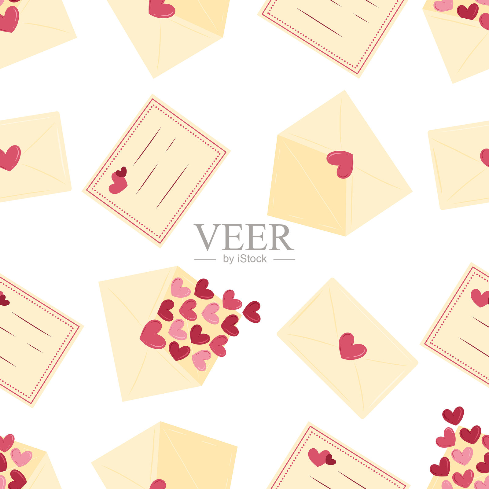 带有心形的爱情信件无缝图案，背景为白色。手绘矢量插图，采用平面风格。适用于情人节的包装纸设计、背景和壁纸。插画图片素材