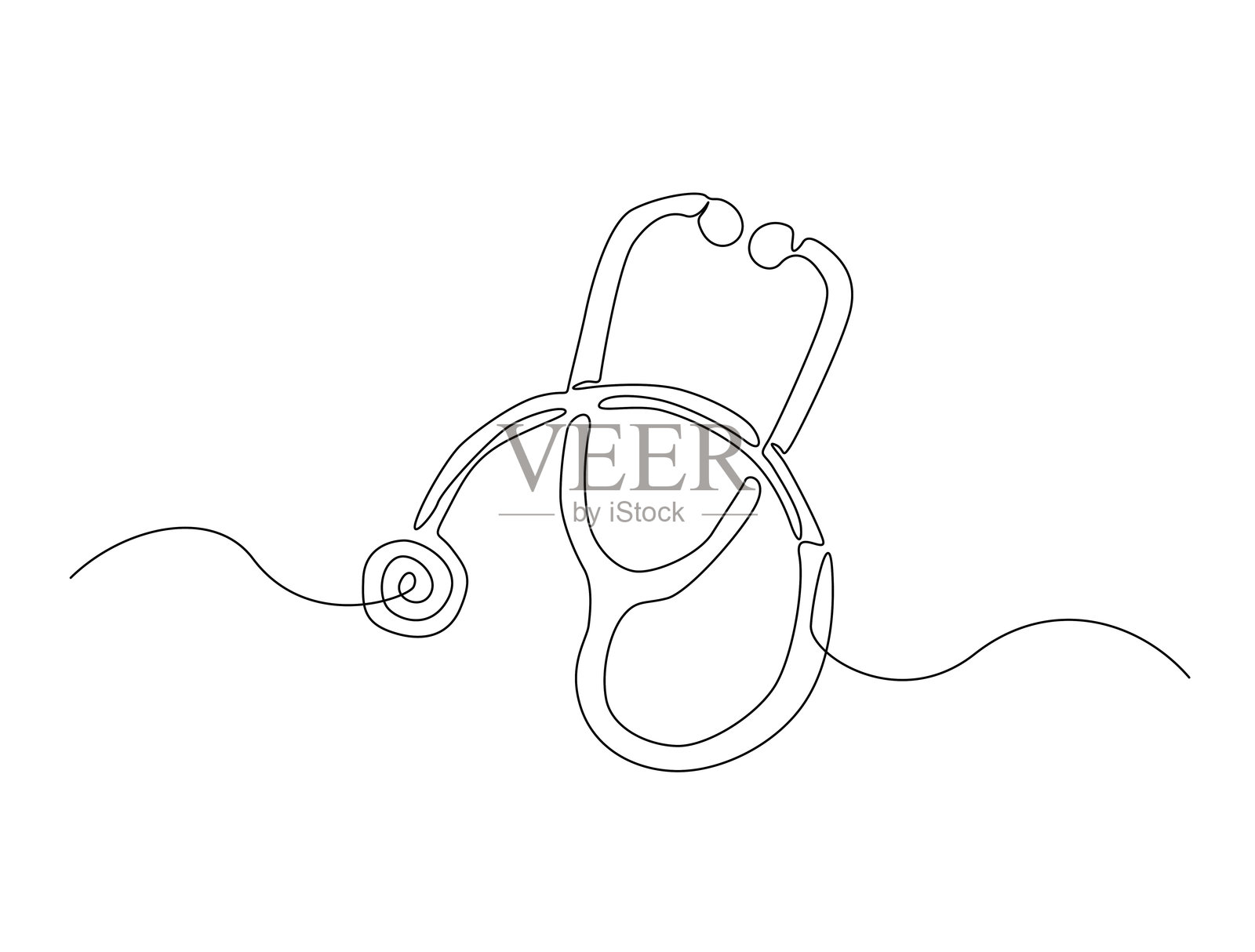 连续线条艺术画的听诊器 - 医疗设备。听诊器单线条艺术画矢量插图。可编辑的线条。插画图片素材