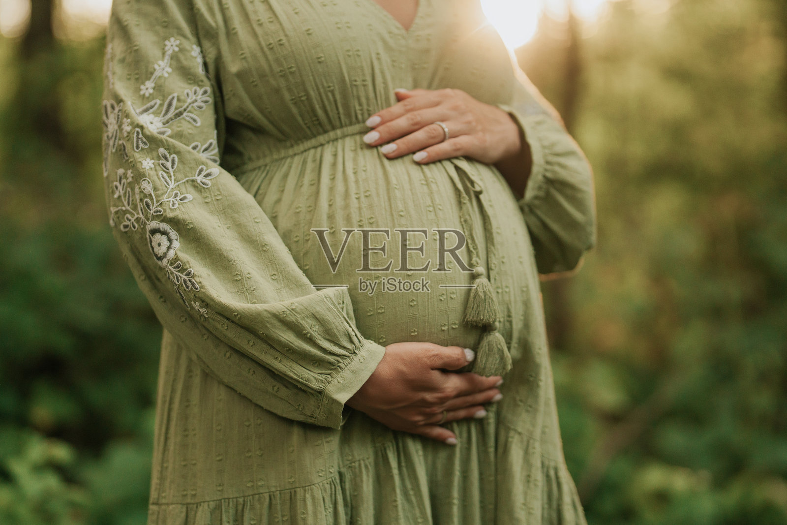 森林中日落时分的仙女孕妇之手，黄金时刻。女性身体的美。照片摄影图片