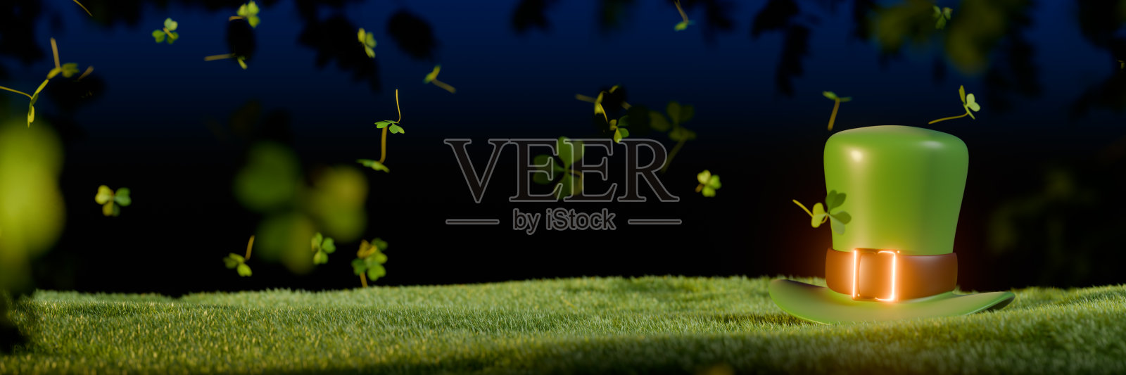 发光的绿色小精灵帽子被漂浮的叶子环绕，营造出圣帕特里克节的节日气氛。3D渲染照片摄影图片