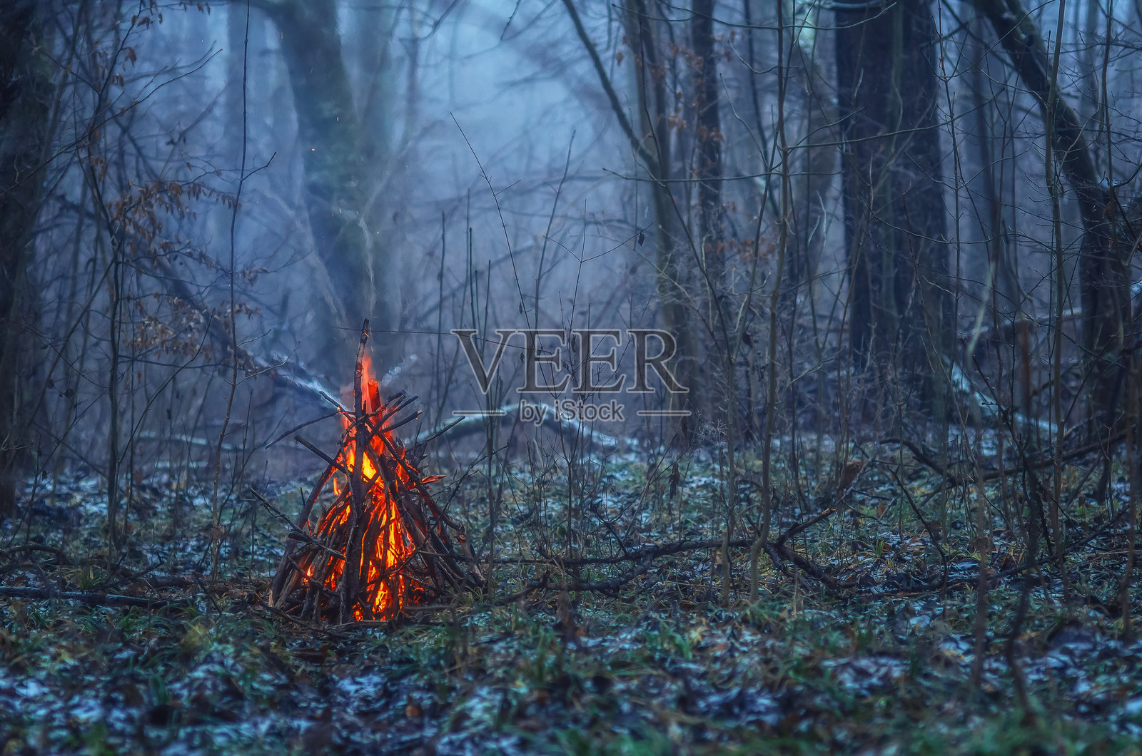 黄昏露营，明亮的篝火照亮森林中的黑暗。冬季户外活动。照片摄影图片