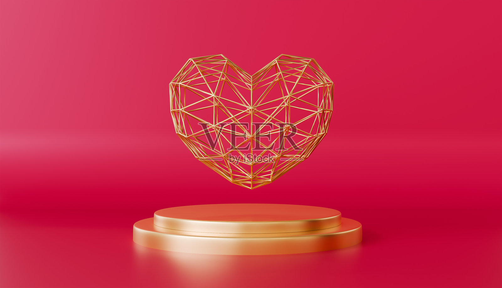 优雅的金色线框心形在红色讲台上，情人节爱情浪漫概念照片摄影图片