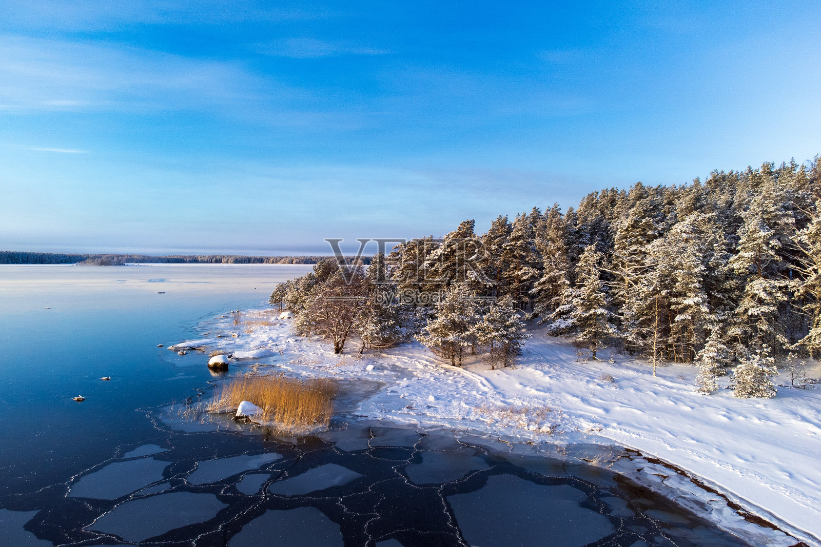 冬季海湾的海岸。照片摄影图片