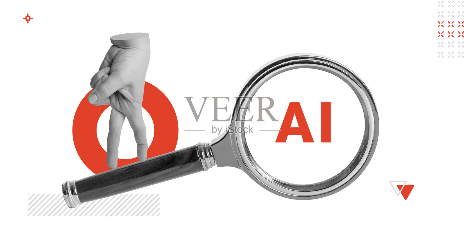 手放在放大镜上，带有AI文本和红色圆圈，适用于IT、AI研究广告和技术。针对人工智能探索的概念。极简艺术拼贴。照片摄影图片