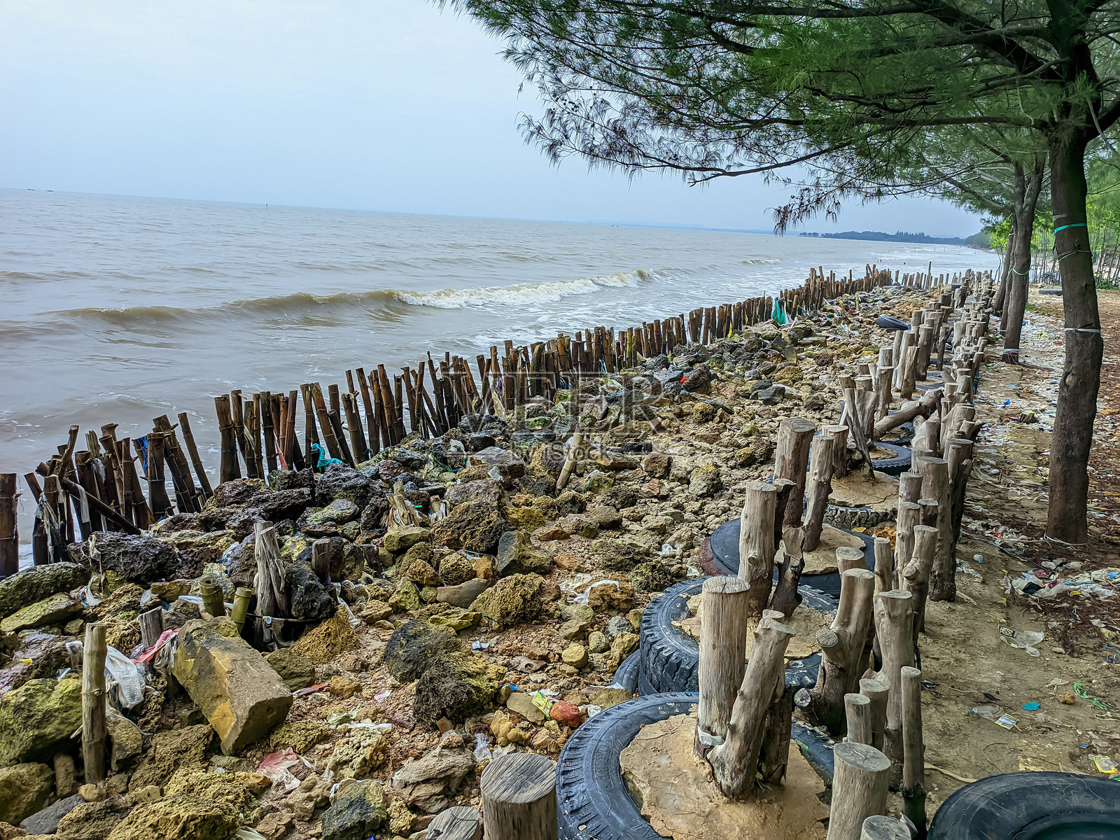 用木头、石头和轮胎建造的海堤，以抵御海岸侵蚀。照片摄影图片