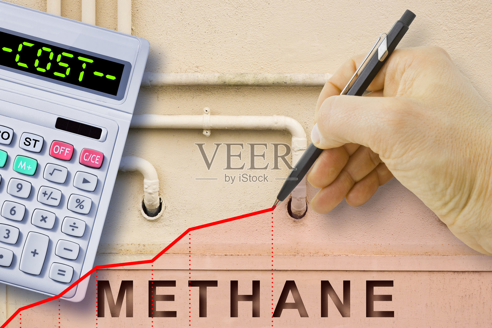 手绘关于甲烷气体的成本、价格、市场和行业的增长图 - 概念中包含计算器和甲烷气体管道照片摄影图片