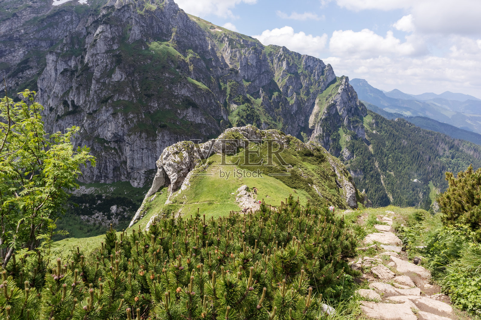 一个有岩石峰峦、绿色坡地和穿过灌木丛的小径的山区。照片摄影图片