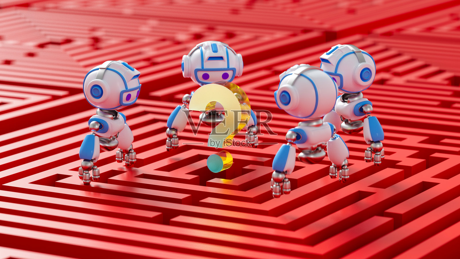 迷宫中心的问号，周围环绕着人工智能机器人，象征着科技、创新和未知。这是对解决问题的未来主义诠释。3D渲染。照片摄影图片