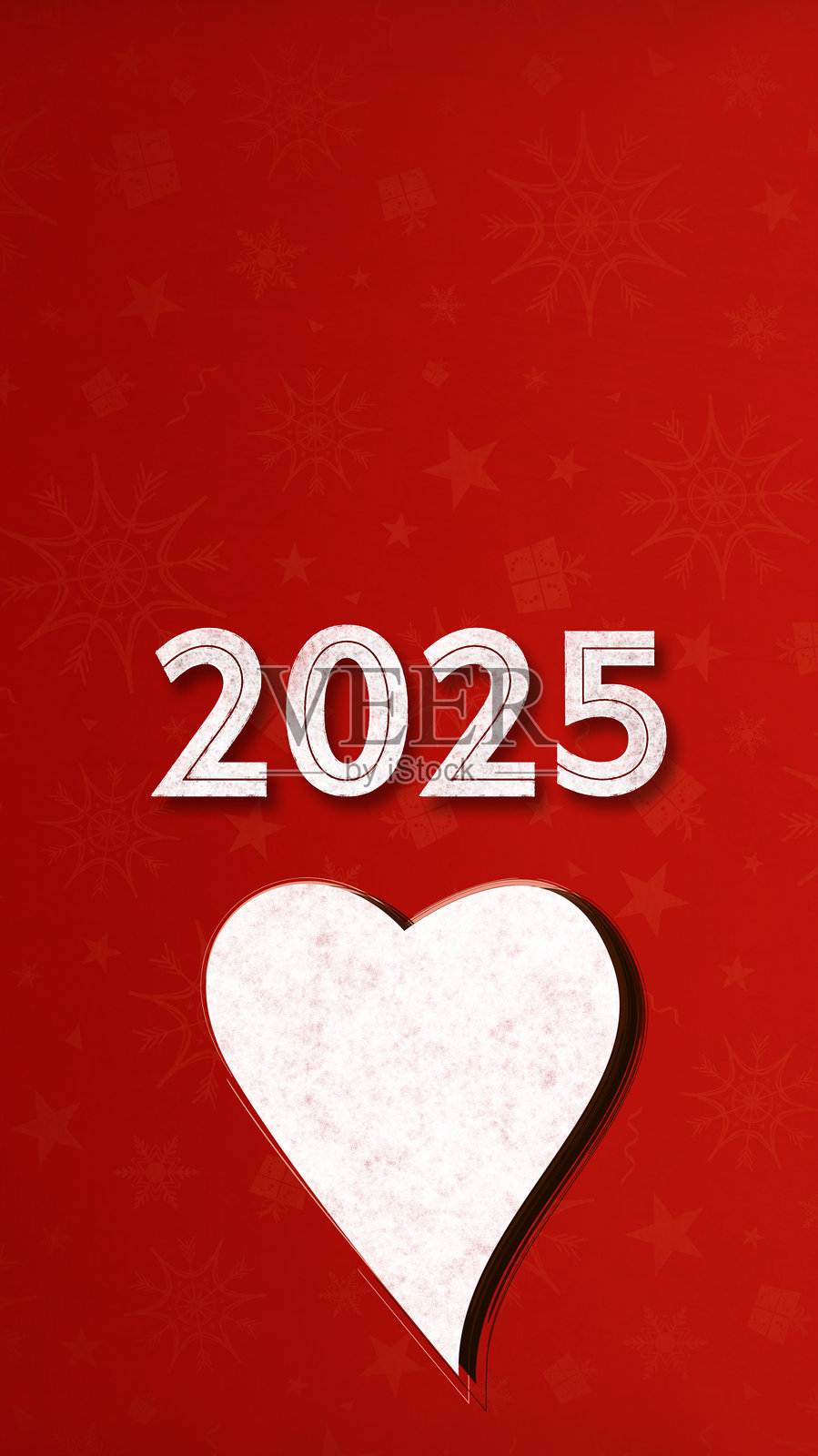 爱情、情人节、婚礼周年纪念日的红色和深红色生动的垂直磨损背景或壁纸，上面有一个模糊的白色心形标签，文本为2025的新年祝福，背景中有雪花、礼品盒和星星形状的水印。插画图片素材