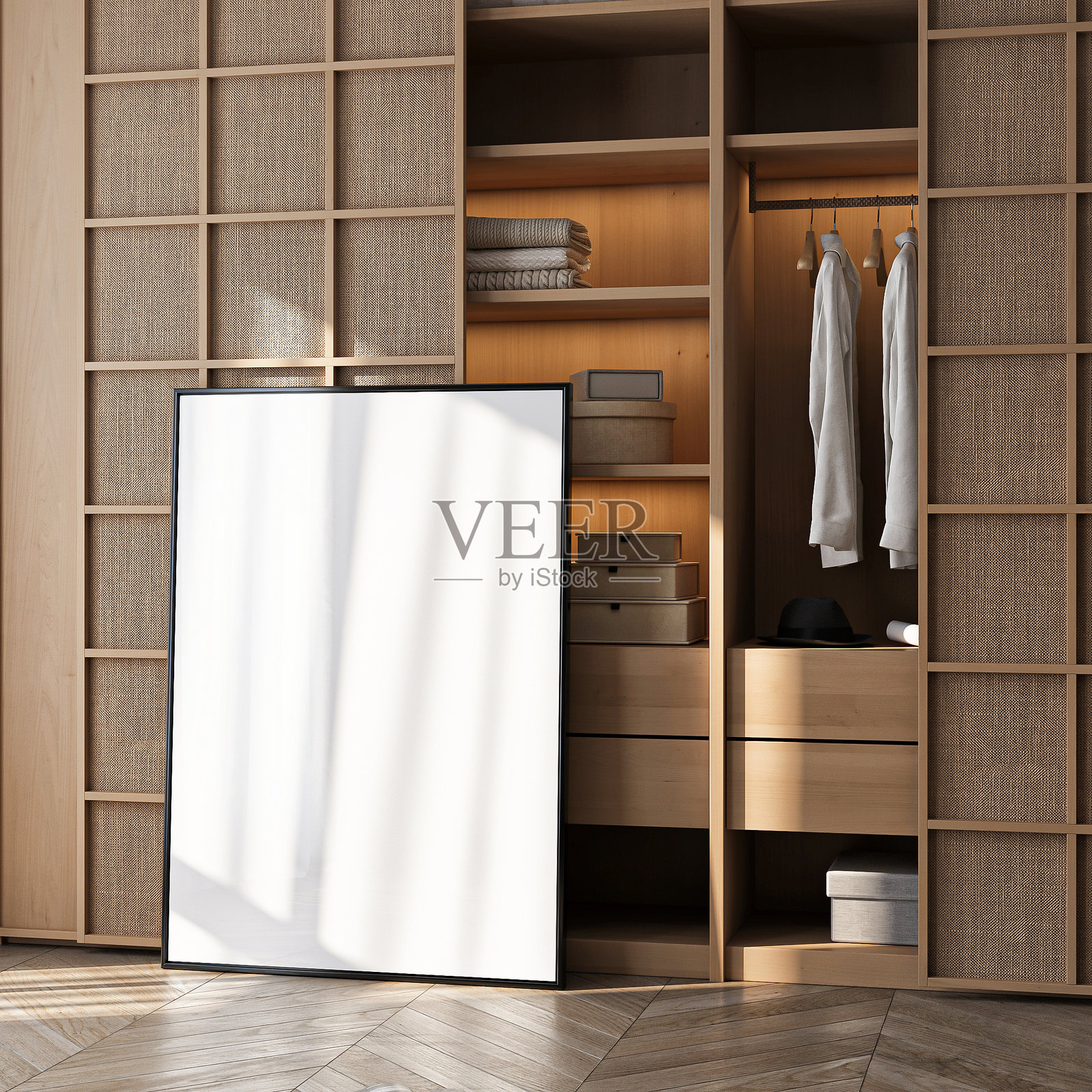 框架模型，ISO A纸张尺寸。客厅墙壁海报模型。带有房屋背景的室内模型。现代室内设计。3D渲染。照片摄影图片