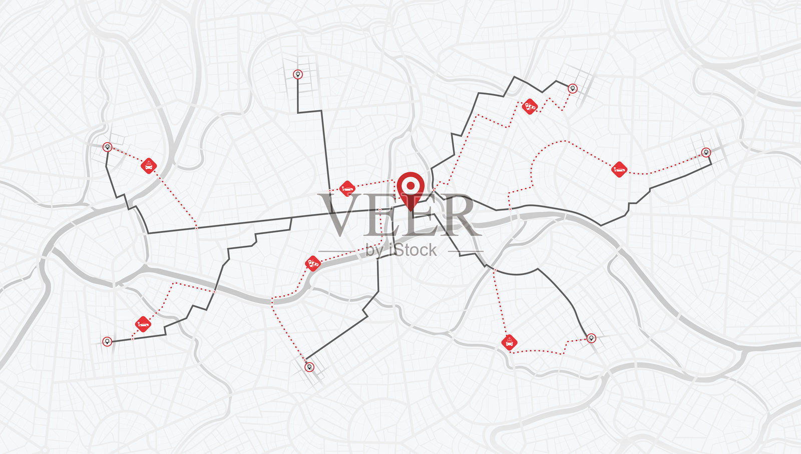 路线的封闭转弯，区域，道路。城市的详细视图。等距城市导航，GPS地图。城市区域的矢量插图。地标。等距视图。城市俯视图。红色标志。插画图片素材