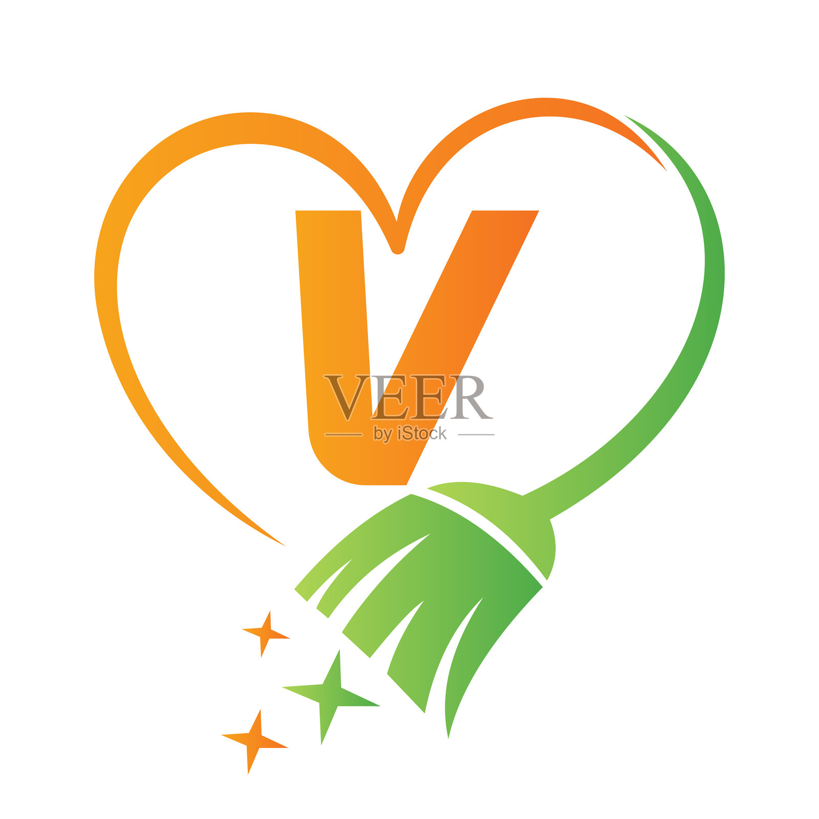 以字母V为主题的房屋清洁logo概念，配有清洁刷和心形符号，扫帚标志。插画图片素材