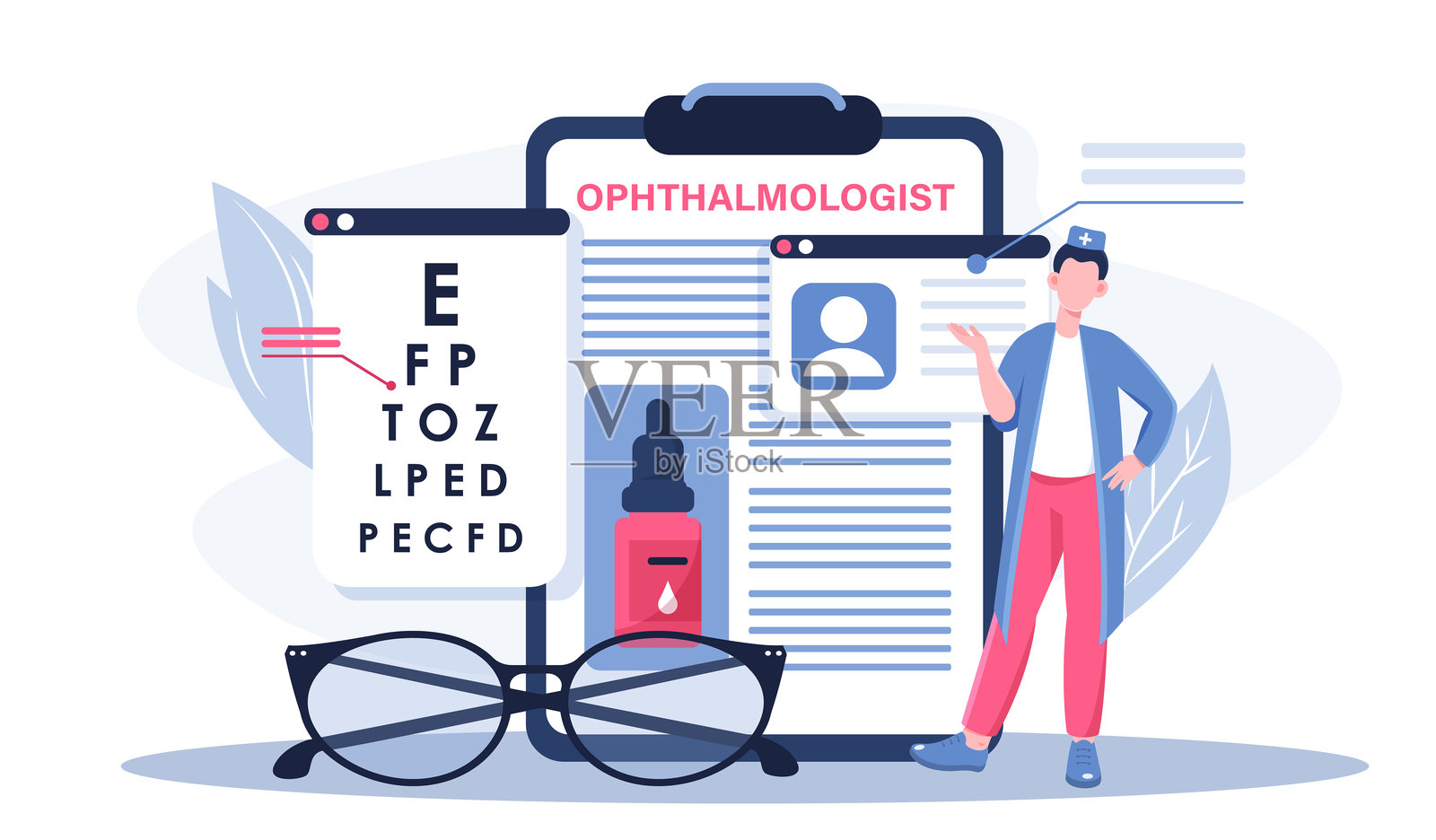 眼科医生在线概念。身穿医疗制服的男子在眼镜和眼药水旁边。医疗保健与医学。诊断与治疗。视力测试。扁平矢量插图。插画图片素材
