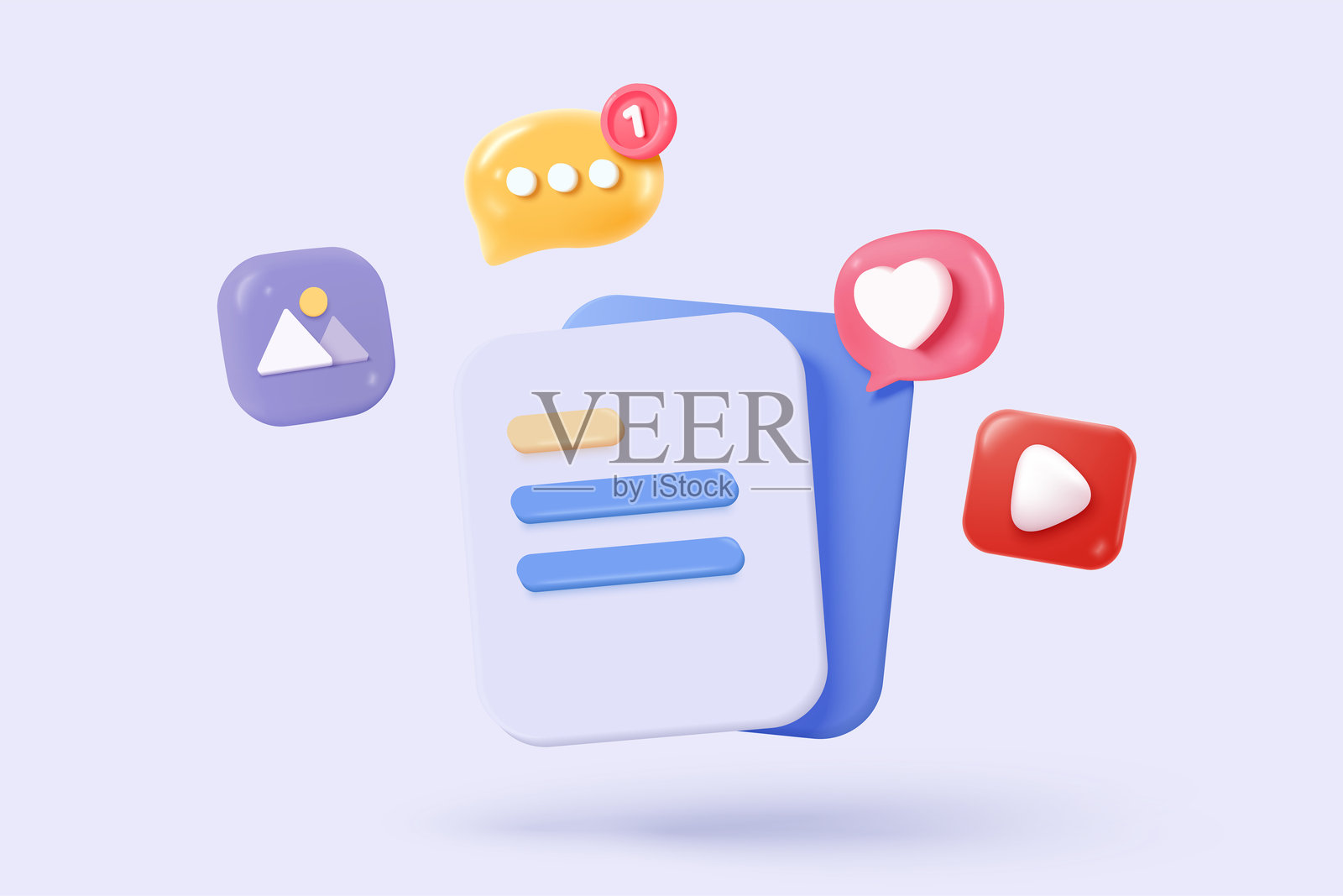 3D媒体数据与视频和照片管理。搜索图库中的图像和视频文件。文档管理软件数据库，文档表单。3D多媒体文件图标矢量渲染插图。插画图片素材