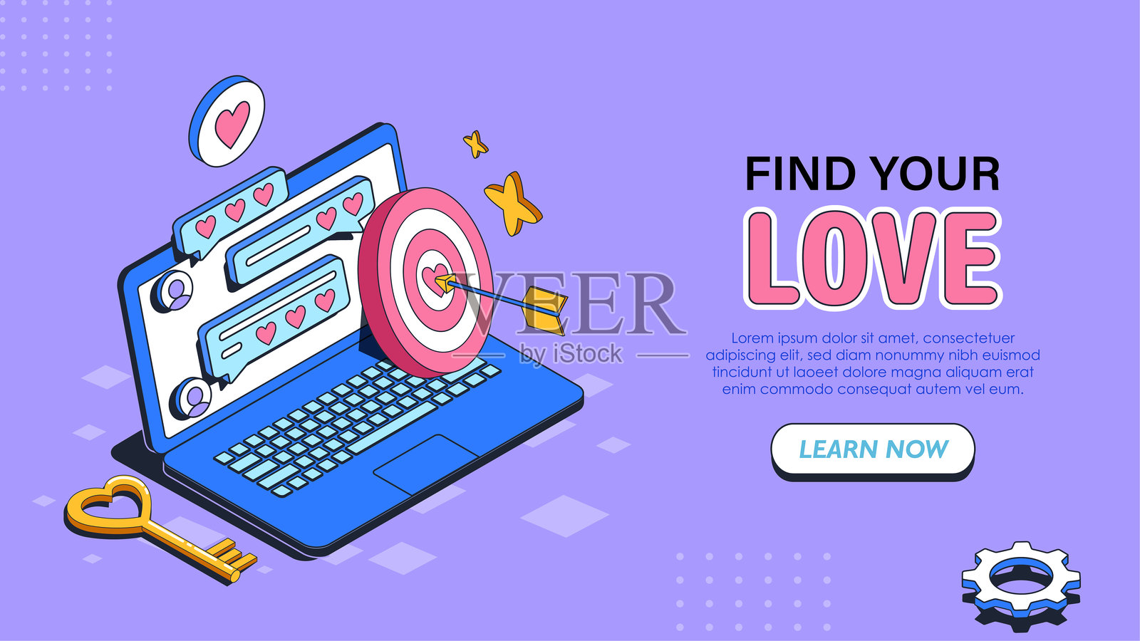 爱情应用海报。寻找你的爱。带有目标和金钥匙的笔记本电脑。虚拟会议应用。社交网络上的约会。着陆网页设计。等距矢量插图。插画图片素材