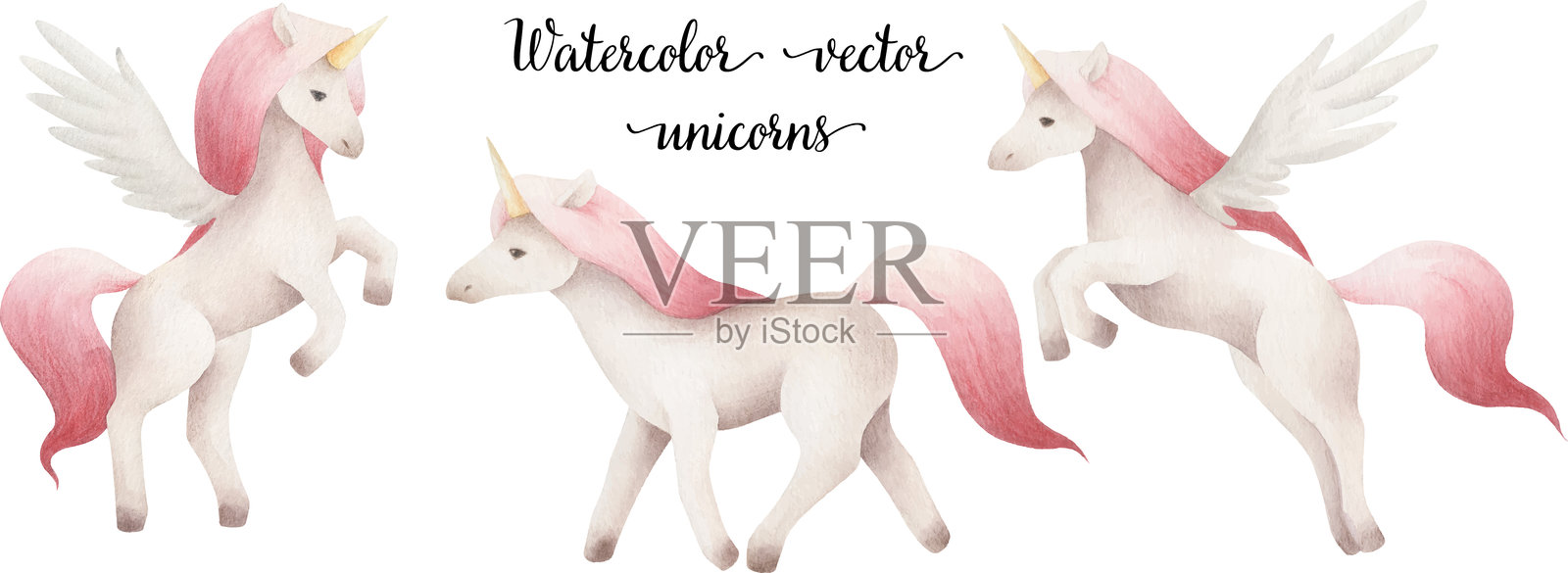 可爱的卡通独角兽和飞马水彩矢量图集。插画图片素材