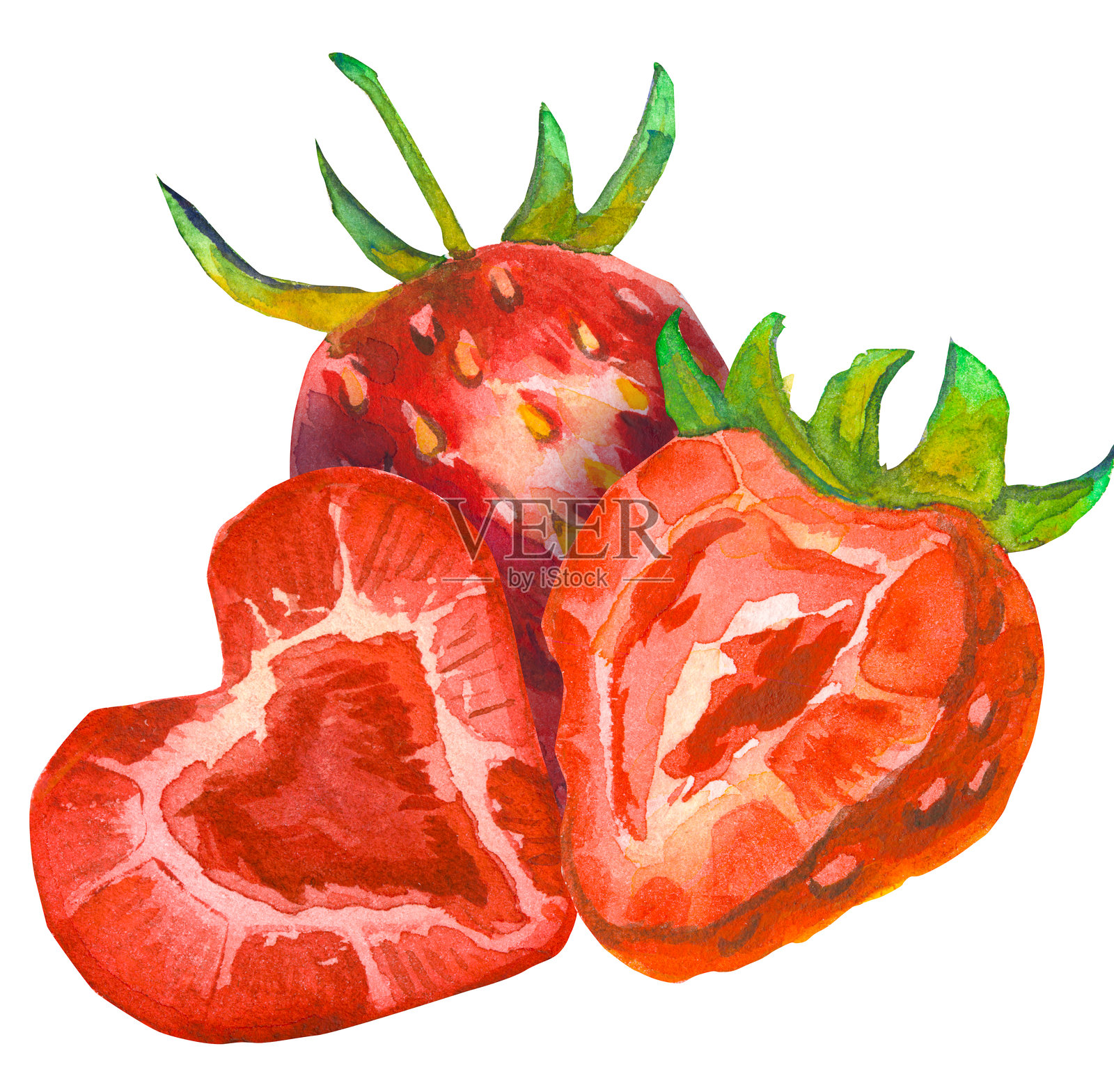 红色草莓 手绘水彩插图，独立于白色背景。非常适合作为设计元素，菜单和厨房的装饰创意。插画图片素材