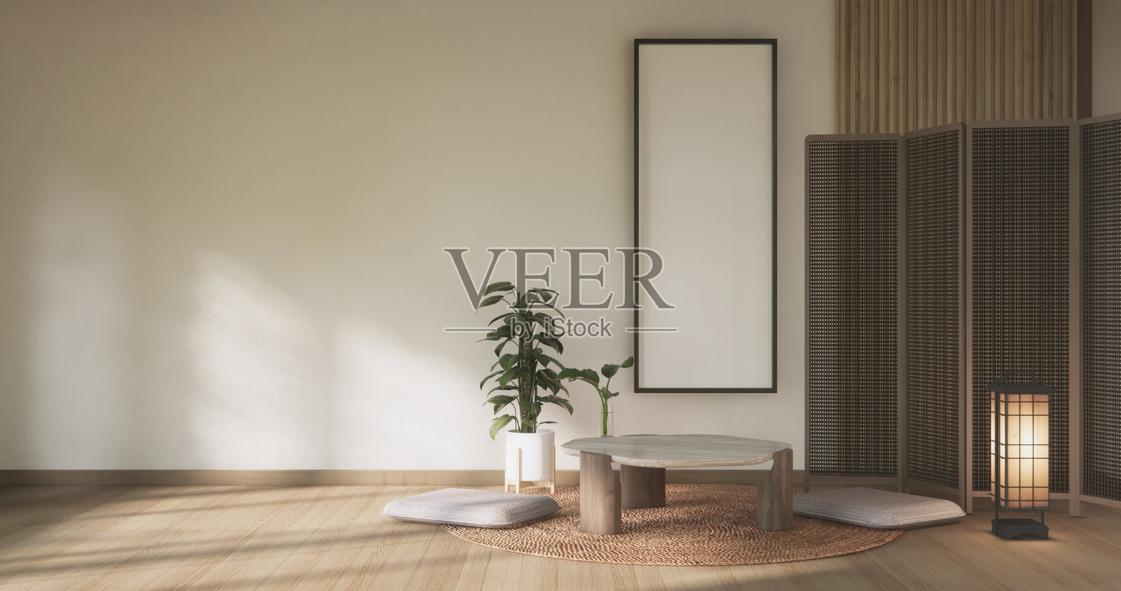 现代日本低桌和靠垫的极简风格房间场景，装饰采用无印良品风格。照片摄影图片