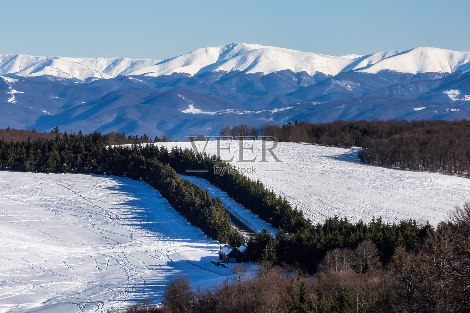 穿越寒冷，跨越冰川、森林和山峰的旅程照片摄影图片