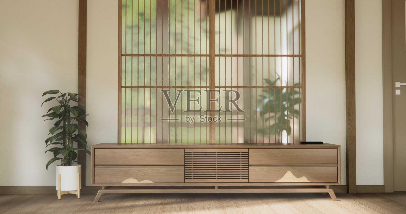 现代木质橱柜设计在白色墙壁房间场景中。照片摄影图片