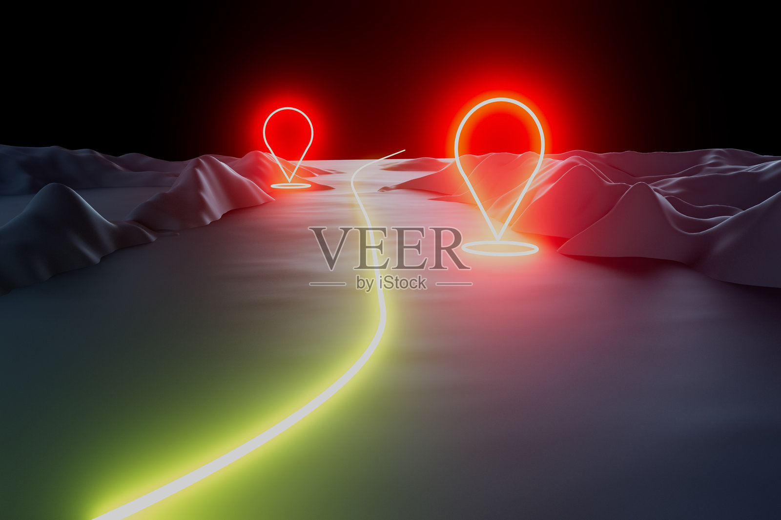 一条路上有两个发光的红色和黄色标记照片摄影图片