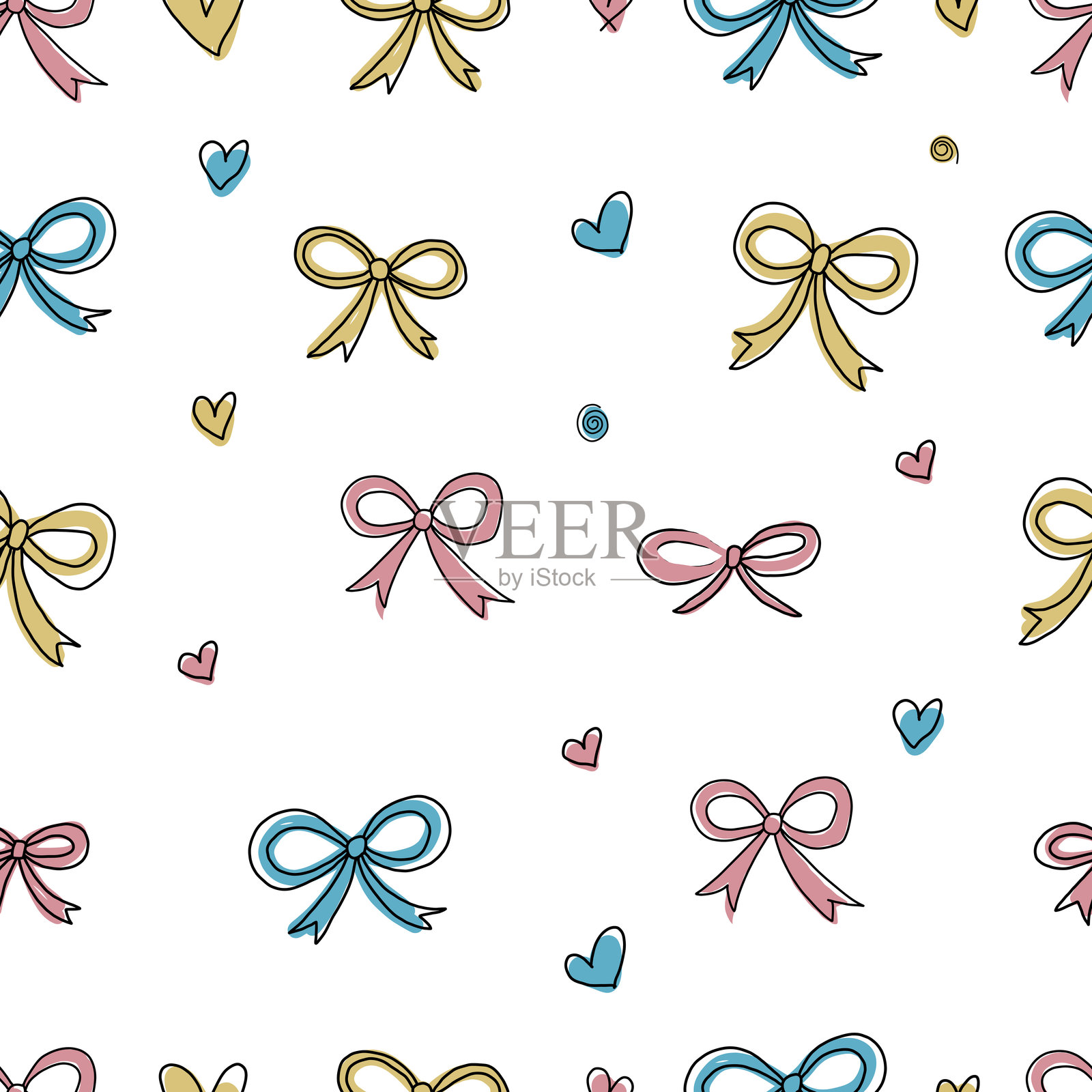 情人节的手绘蝴蝶结无缝图案，采用柔和的色彩。插画图片素材
