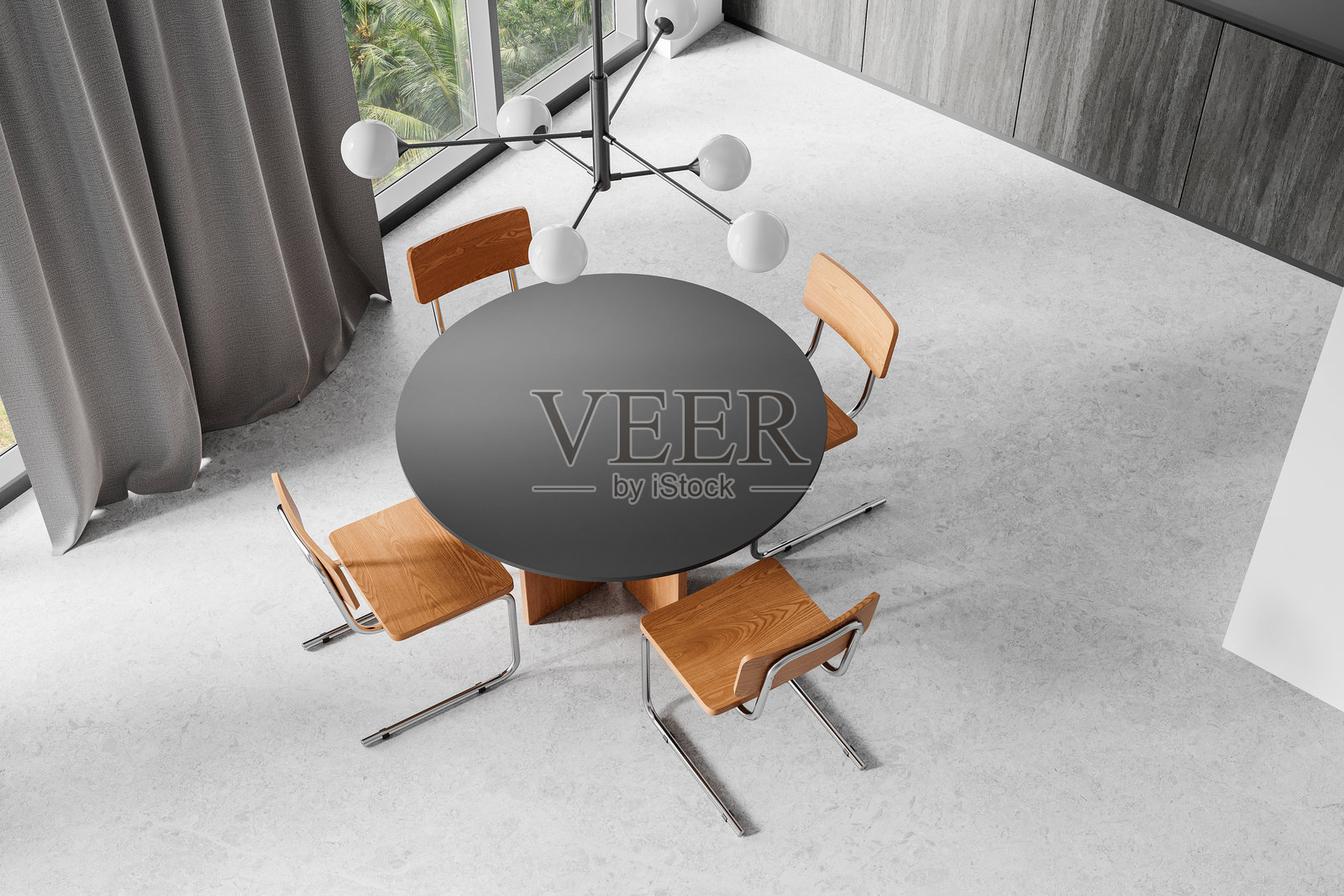 现代圆形餐桌配木椅，简约室内，背景有大窗户和窗帘。3D渲染图照片摄影图片