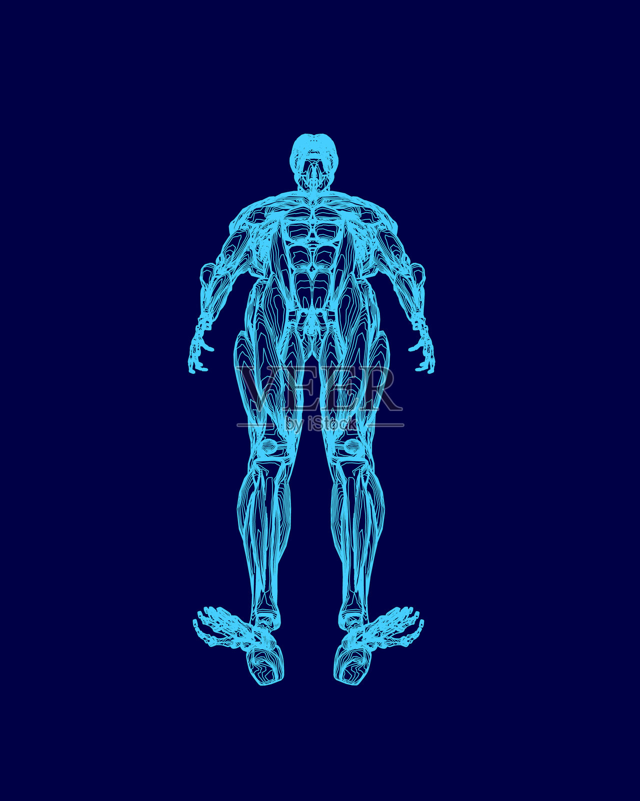 蓝色背景下，一个男人双腿分开，穿着蓝色衬衫。图像具有未来感和科幻感。插画图片素材