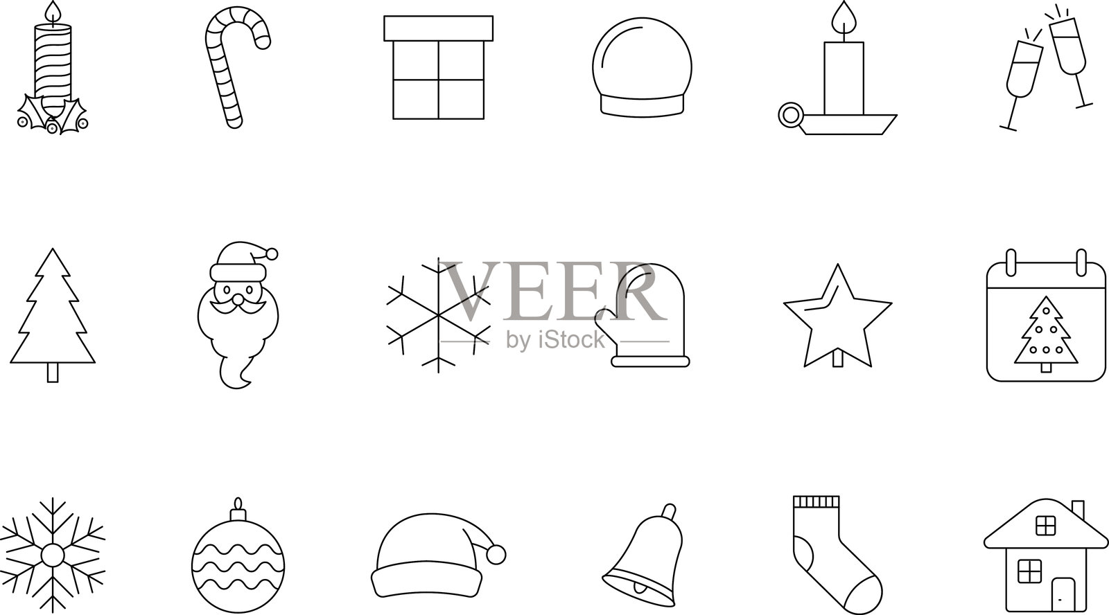 圣诞节和新年轮廓假日图标集。新年和圣诞节细线矢量符号和标志。插画图片素材