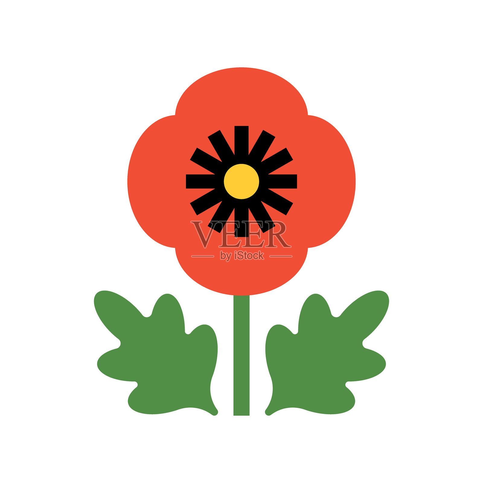 罂粟花。抽象几何风格的红色花朵与叶子插画图片素材