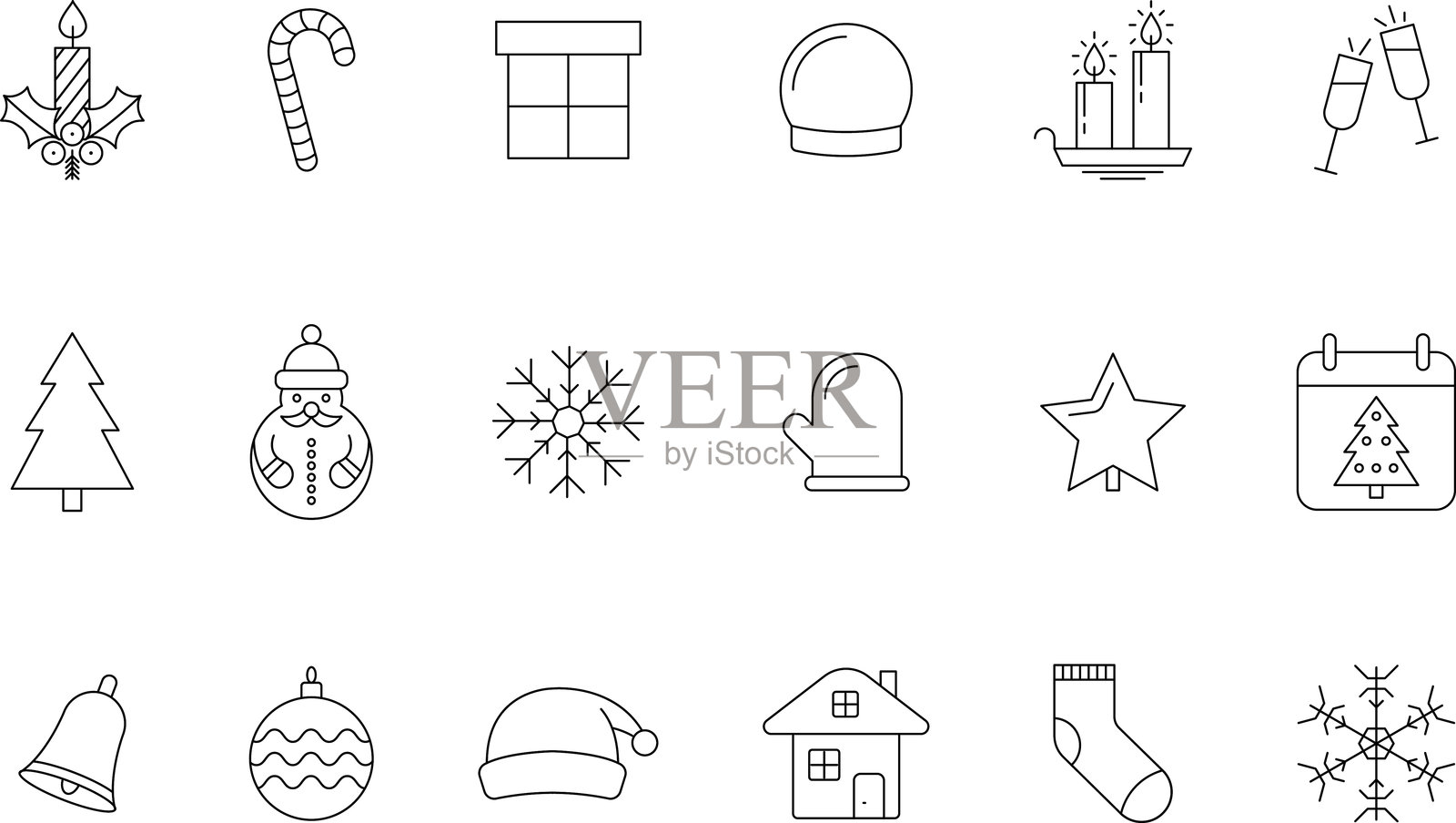 圣诞节和新年轮廓假日图标集。新年和圣诞节细线矢量符号和标志。插画图片素材