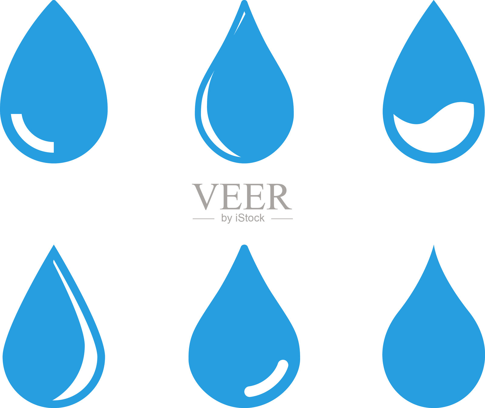 蓝色水滴图标矢量集合。平面水滴形状合集插画图片素材