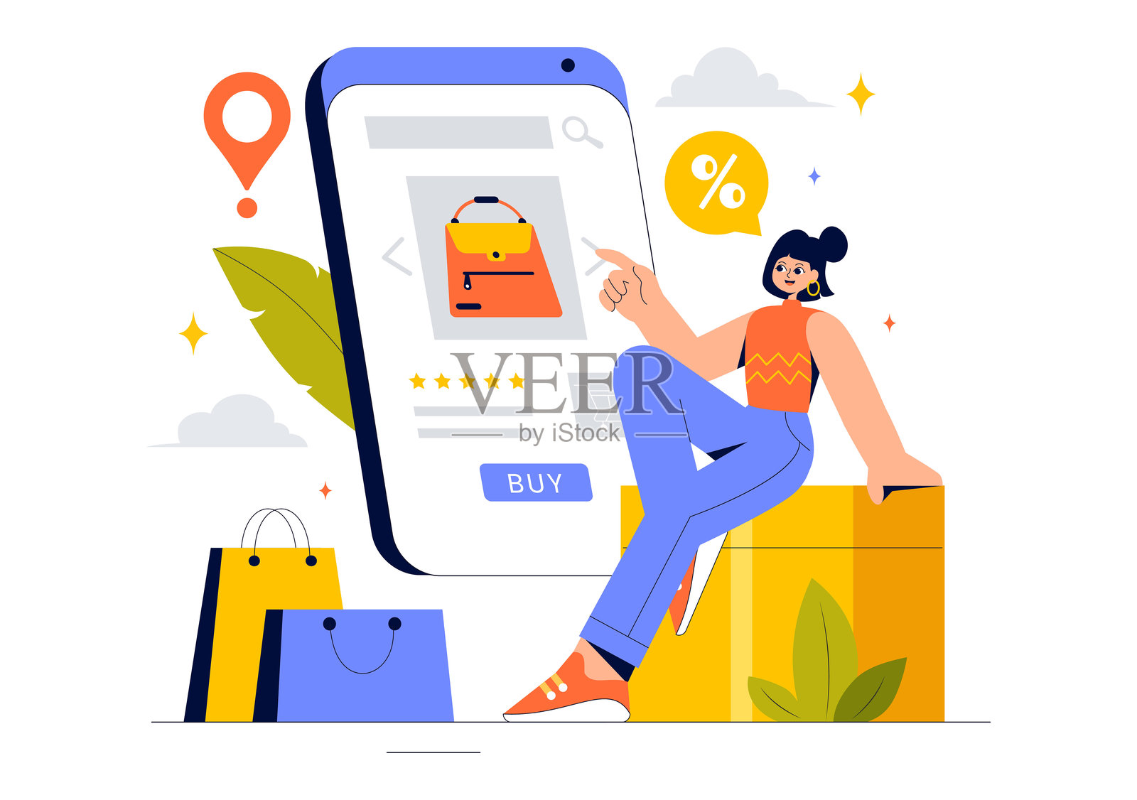 在线购物矢量插图，展示人们使用智能手机进行电子商务配送服务，附有促销标签和折扣券插画图片素材