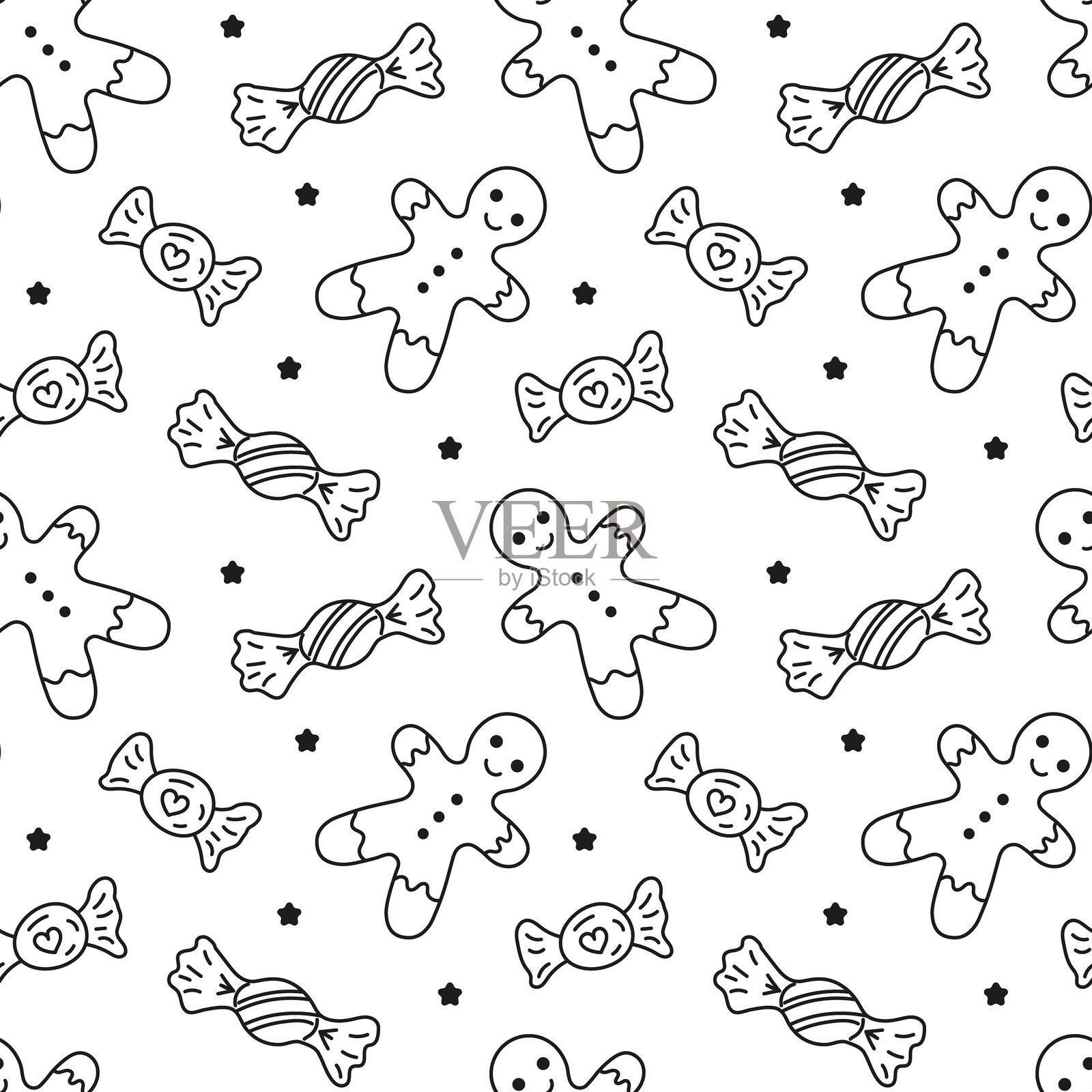 糖果、姜饼人涂鸦的各种包装糖果无缝图案。矢量图案无尽。黑色线条样本图案适用于壁纸、面料、包装和背景。插画图片素材