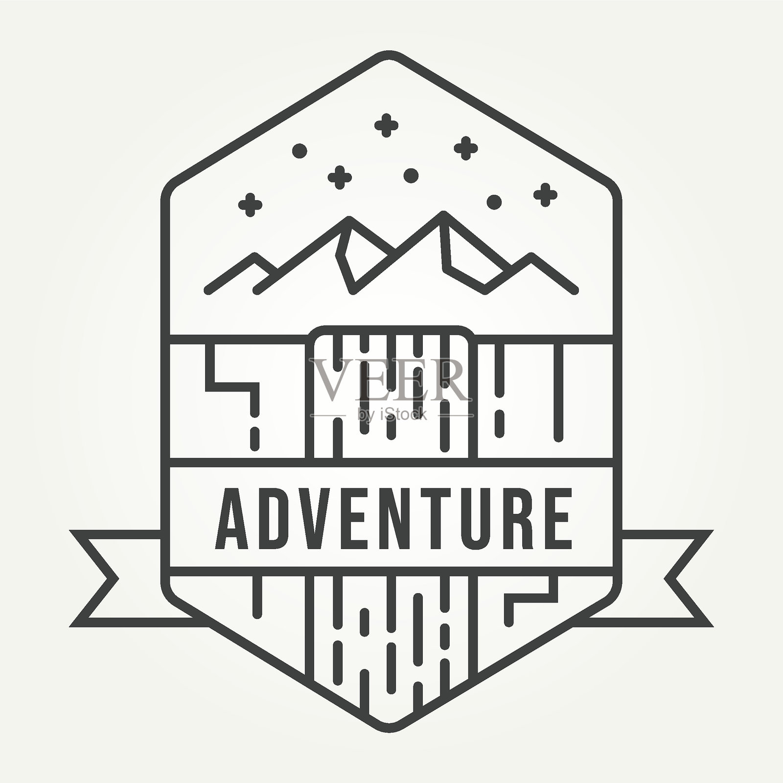 极简主义户外冒险线条艺术图标logo模板矢量插图设计。简单的夜景山脉和瀑布风景logo概念。插画图片素材