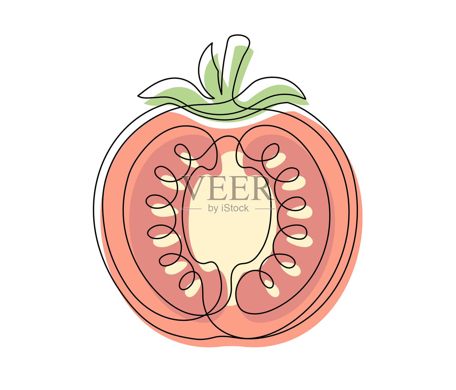 红色番茄半边轮廓线插画图片素材