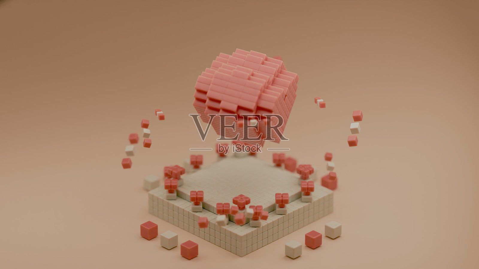 心形数据块，由立方体构成。3D像素风格的体素插图。照片摄影图片